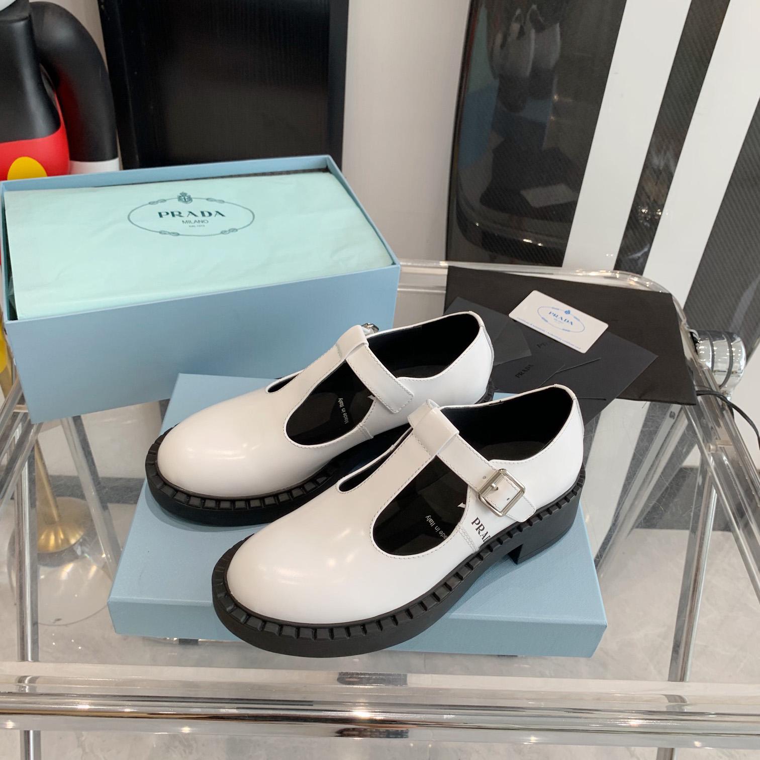Prada Brushed-Leather Mary Jane T-strap Shoes - FashionPlug