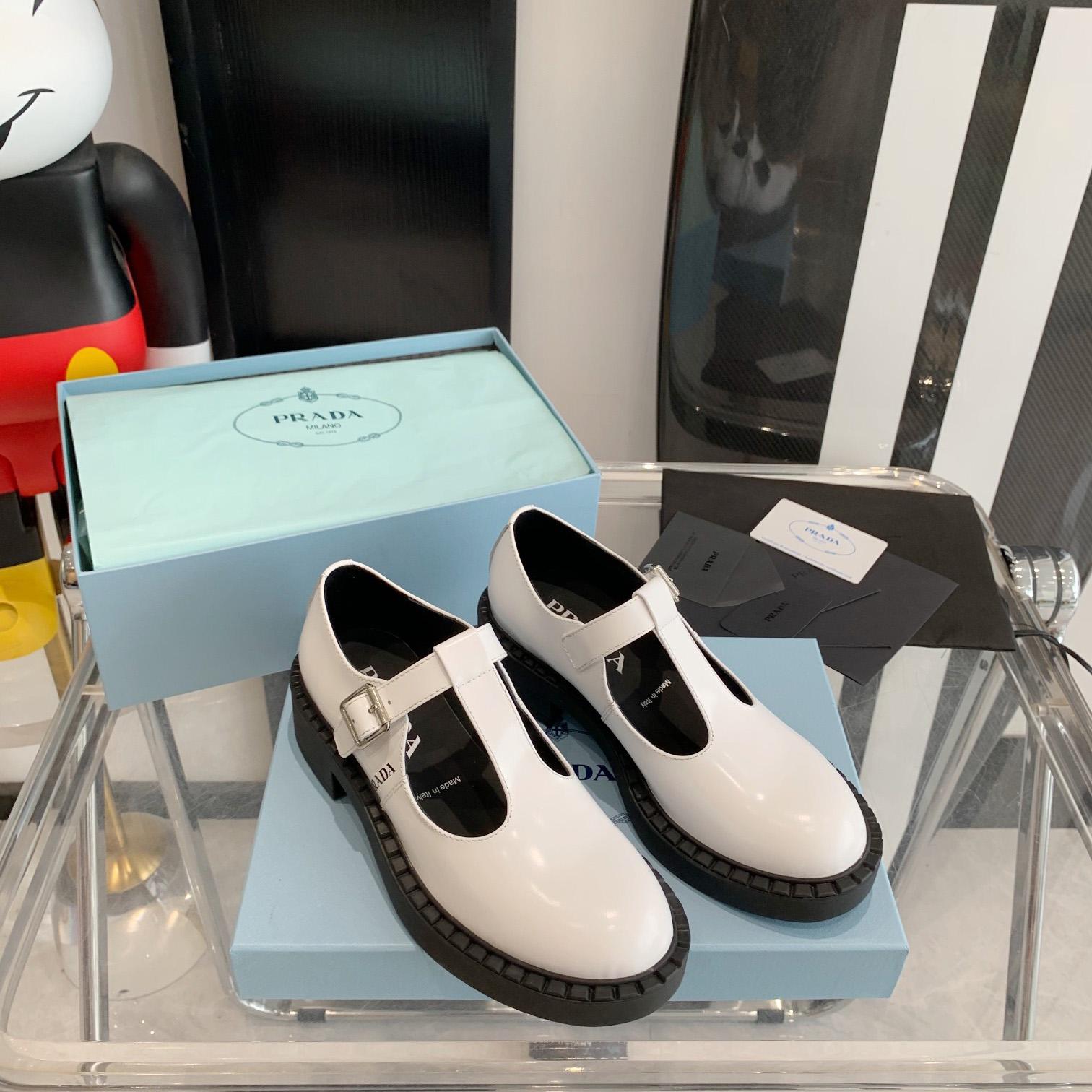 Prada Brushed-Leather Mary Jane T-strap Shoes - FashionPlug