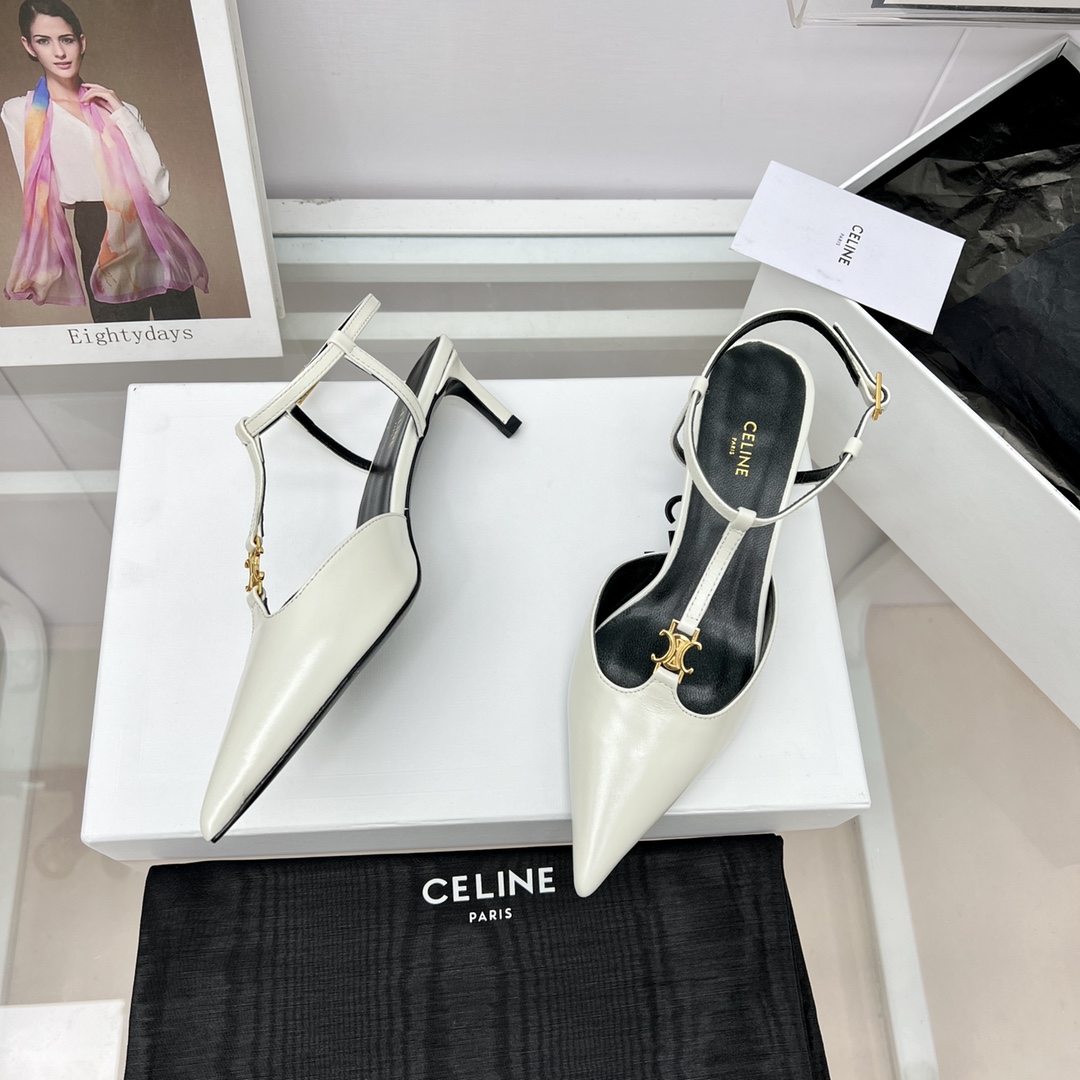 Celine Kitten With Triomphe T-Bar Strap In Calfskin  - FashionPlug