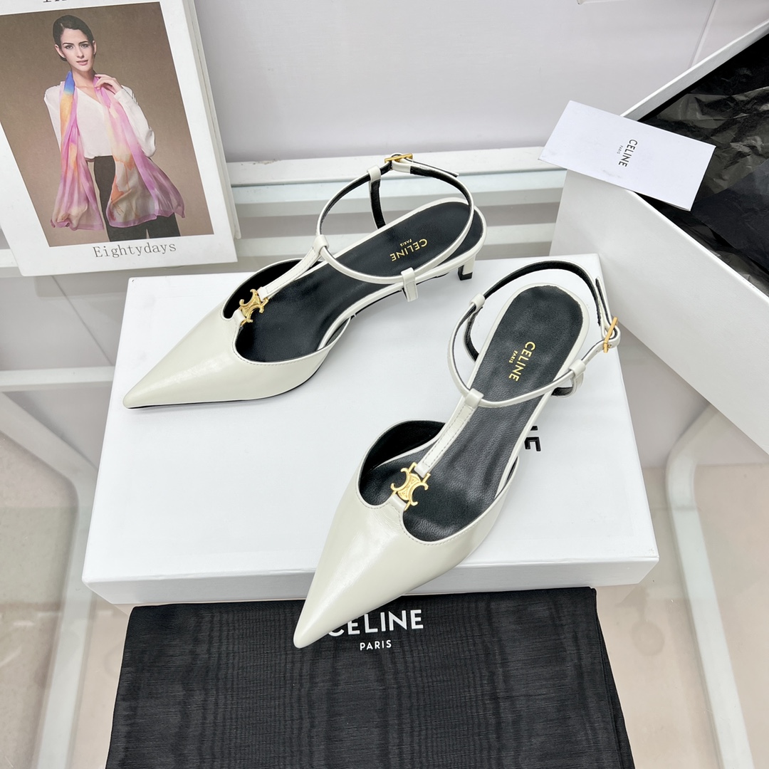 Celine Kitten With Triomphe T-Bar Strap In Calfskin  - FashionPlug