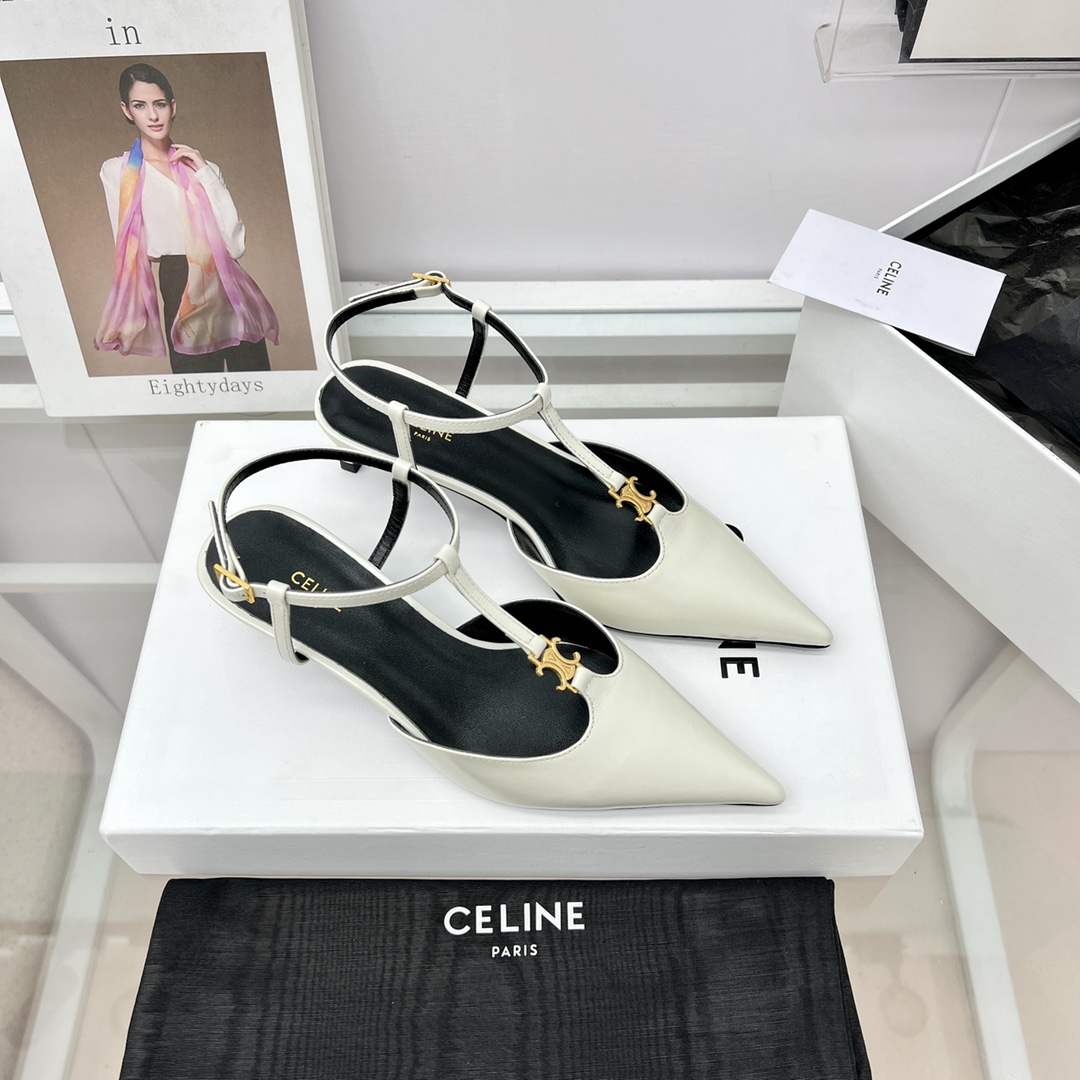 Celine Kitten With Triomphe T-Bar Strap In Calfskin  - FashionPlug