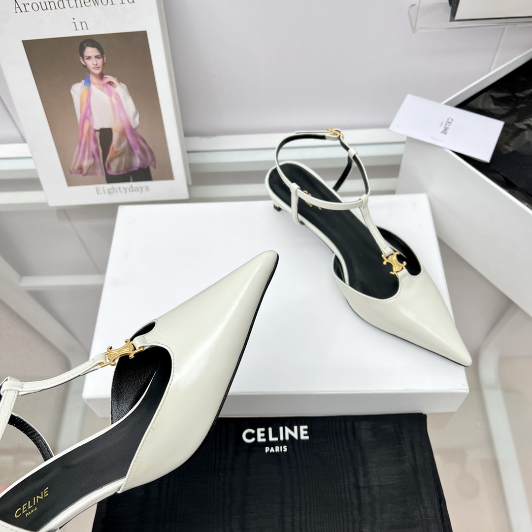Celine Kitten With Triomphe T-Bar Strap In Calfskin  - FashionPlug