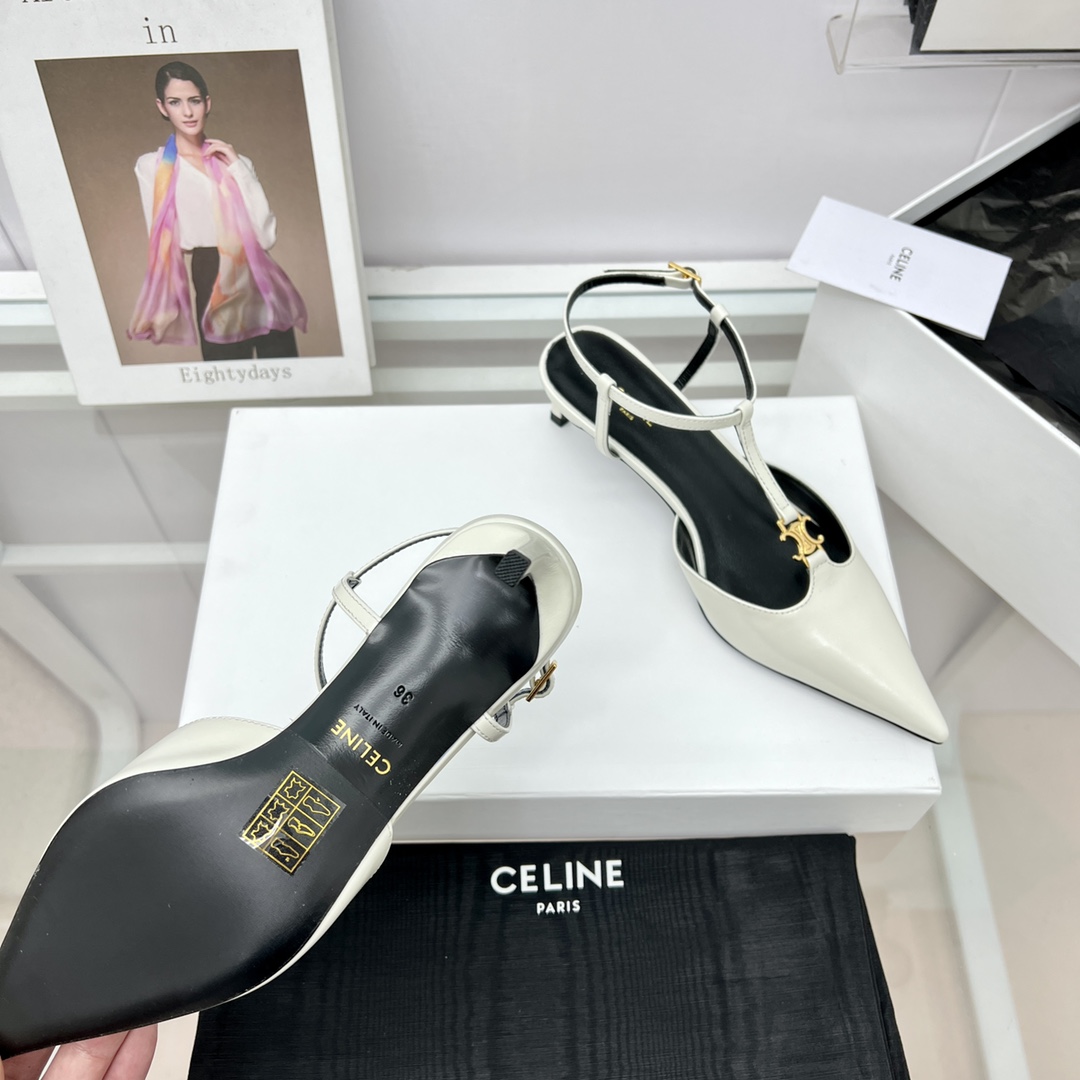 Celine Kitten With Triomphe T-Bar Strap In Calfskin  - FashionPlug