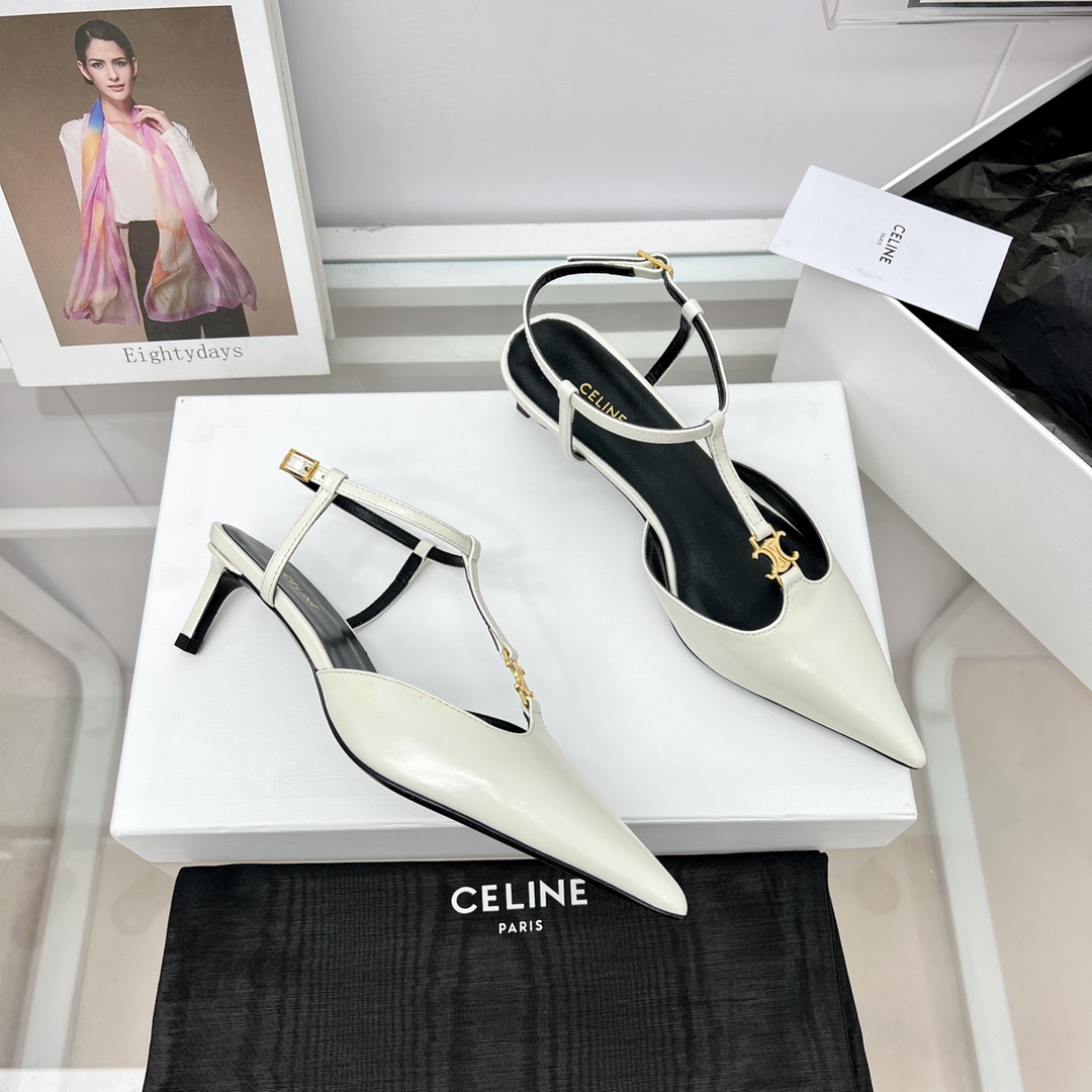Celine Kitten With Triomphe T-Bar Strap In Calfskin  - FashionPlug