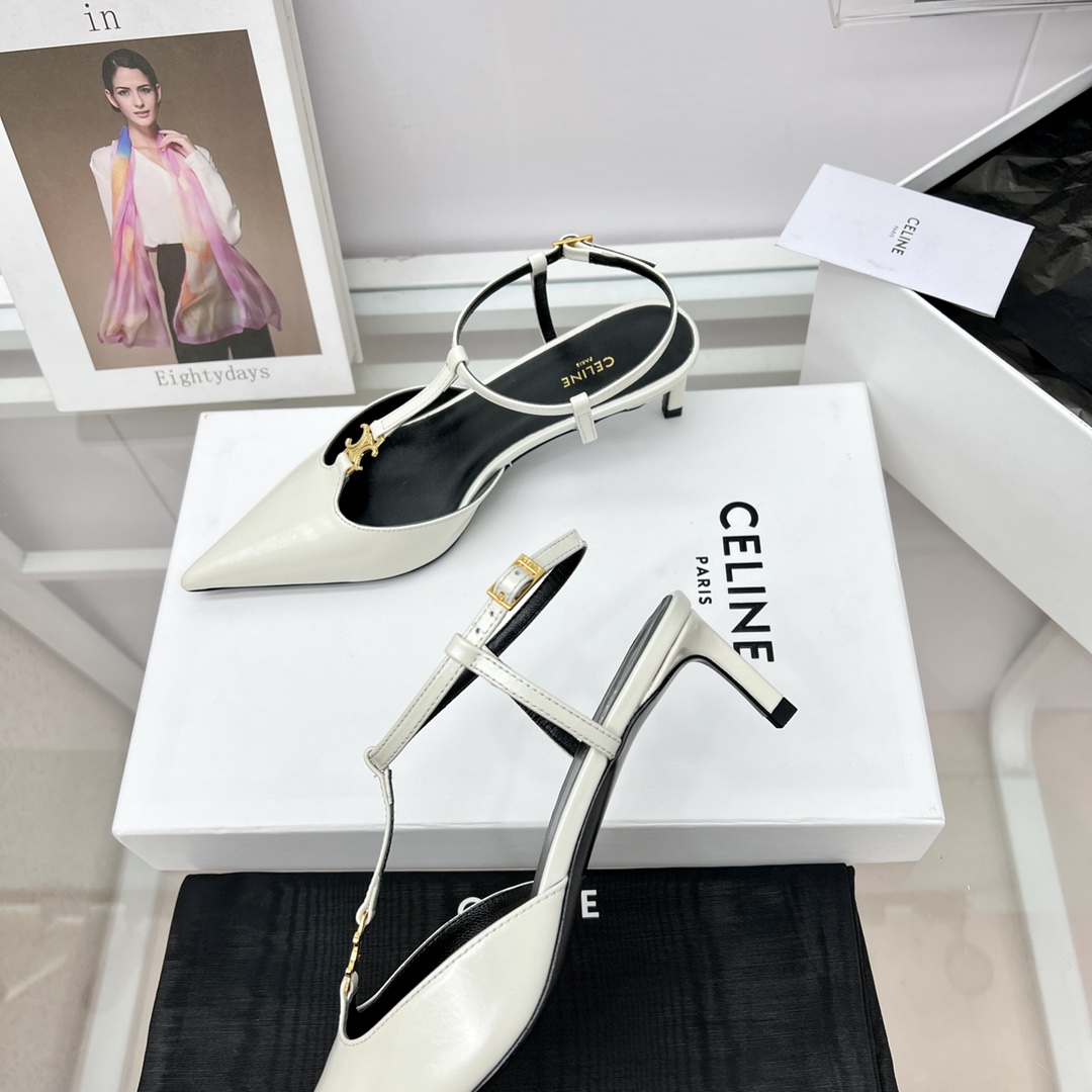 Celine Kitten With Triomphe T-Bar Strap In Calfskin  - FashionPlug