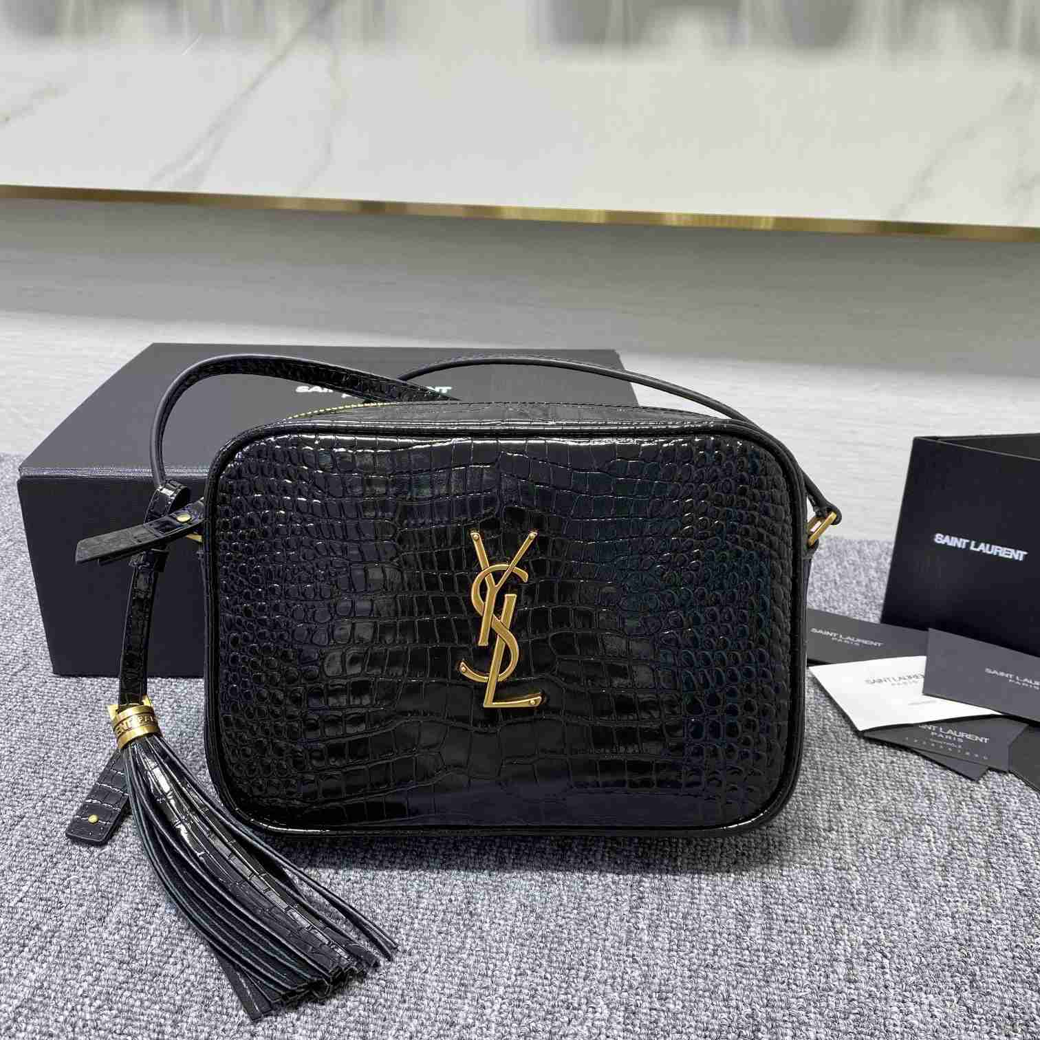 Saint Laurent Lou Camera Bag In Crocodile-Embossed Shiny Leather - FashionPlug
