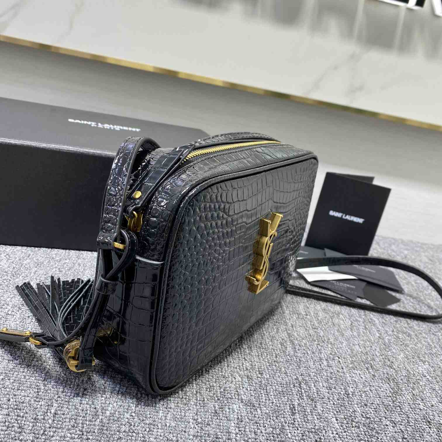 Saint Laurent Lou Camera Bag In Crocodile-Embossed Shiny Leather - FashionPlug