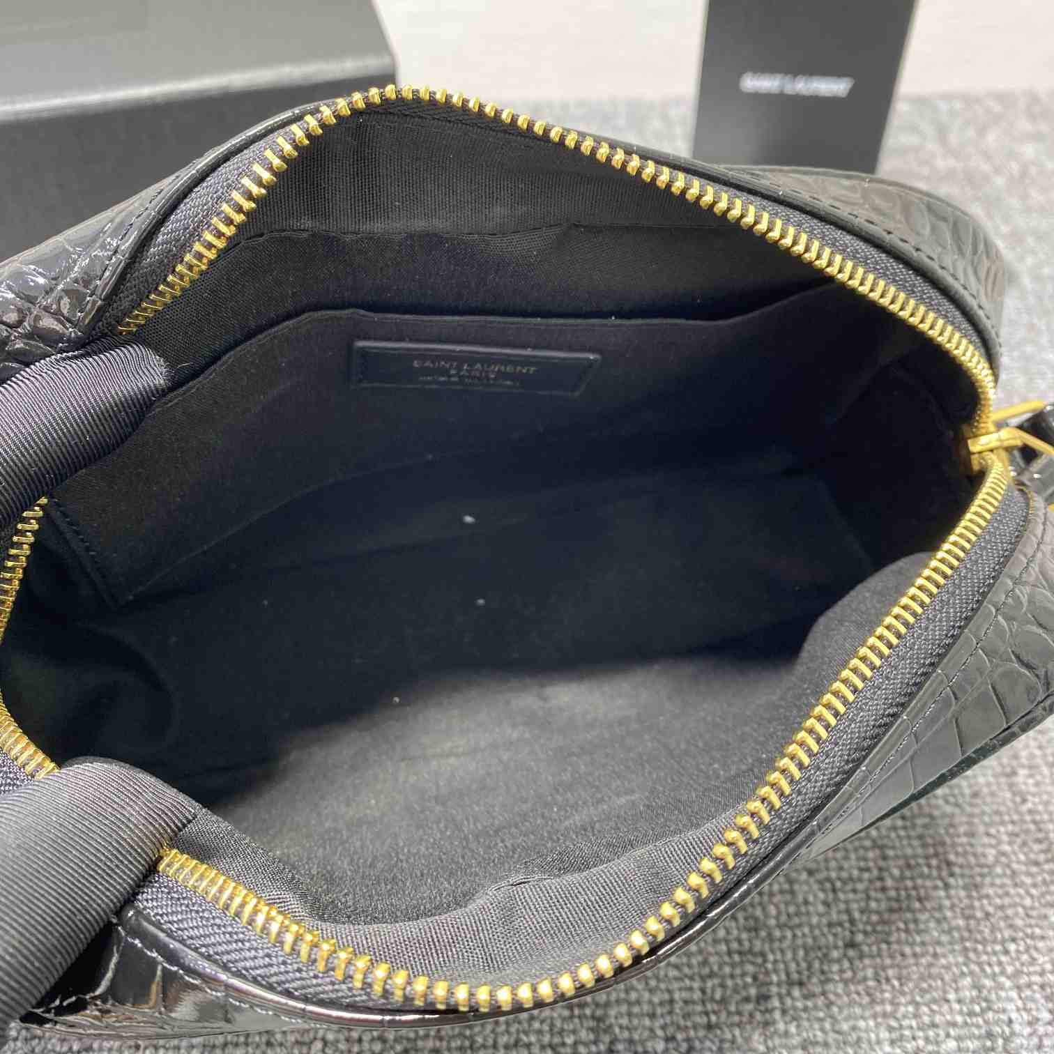 Saint Laurent Lou Camera Bag In Crocodile-Embossed Shiny Leather - FashionPlug
