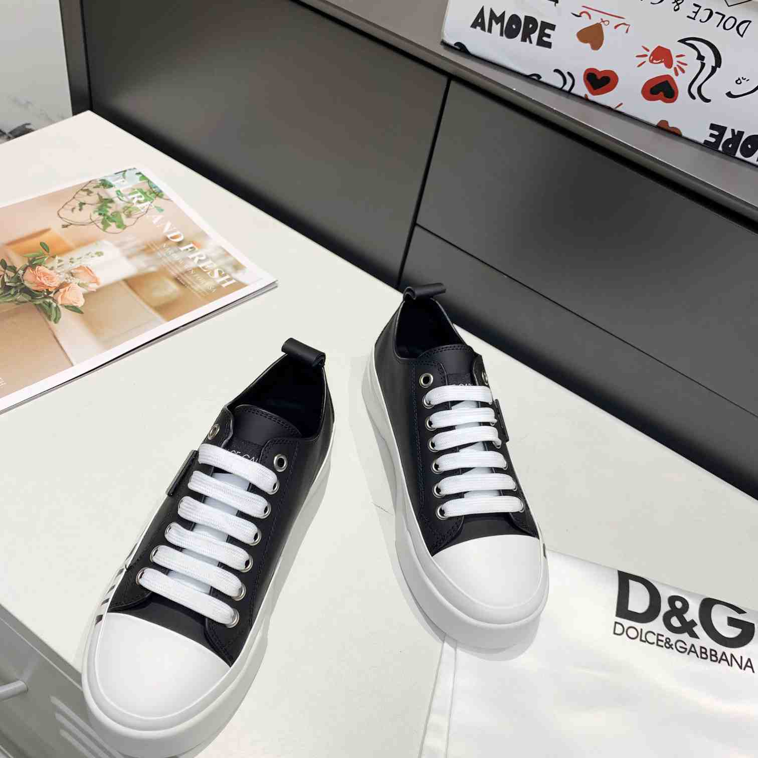 Dolce & Gabbana Calfskin Portofino Light Sneakers With Logo-Detailed Plate And Logo Print - FashionPlug