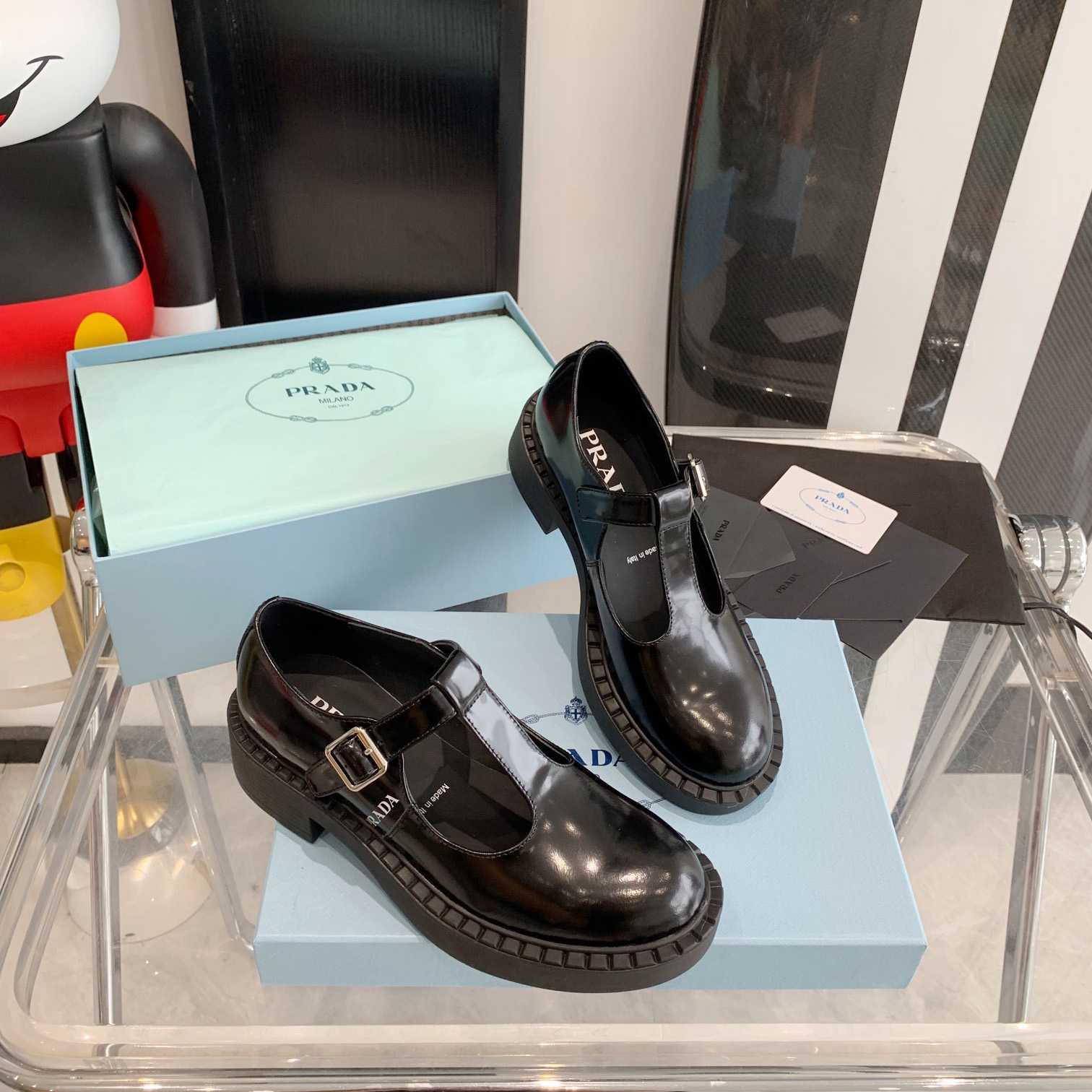 Prada Brushed-Leather Mary Jane T-strap Shoes - FashionPlug