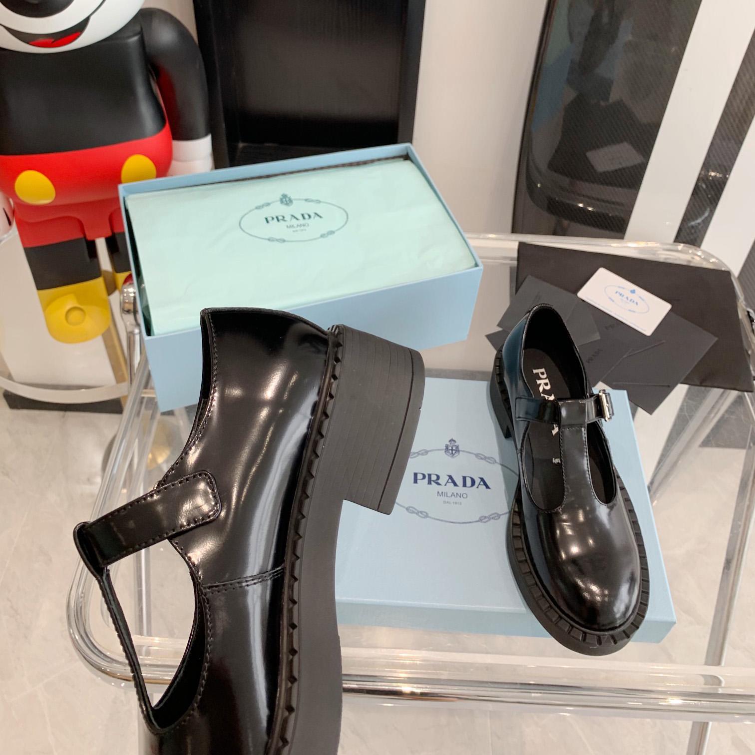 Prada Brushed-Leather Mary Jane T-strap Shoes - FashionPlug