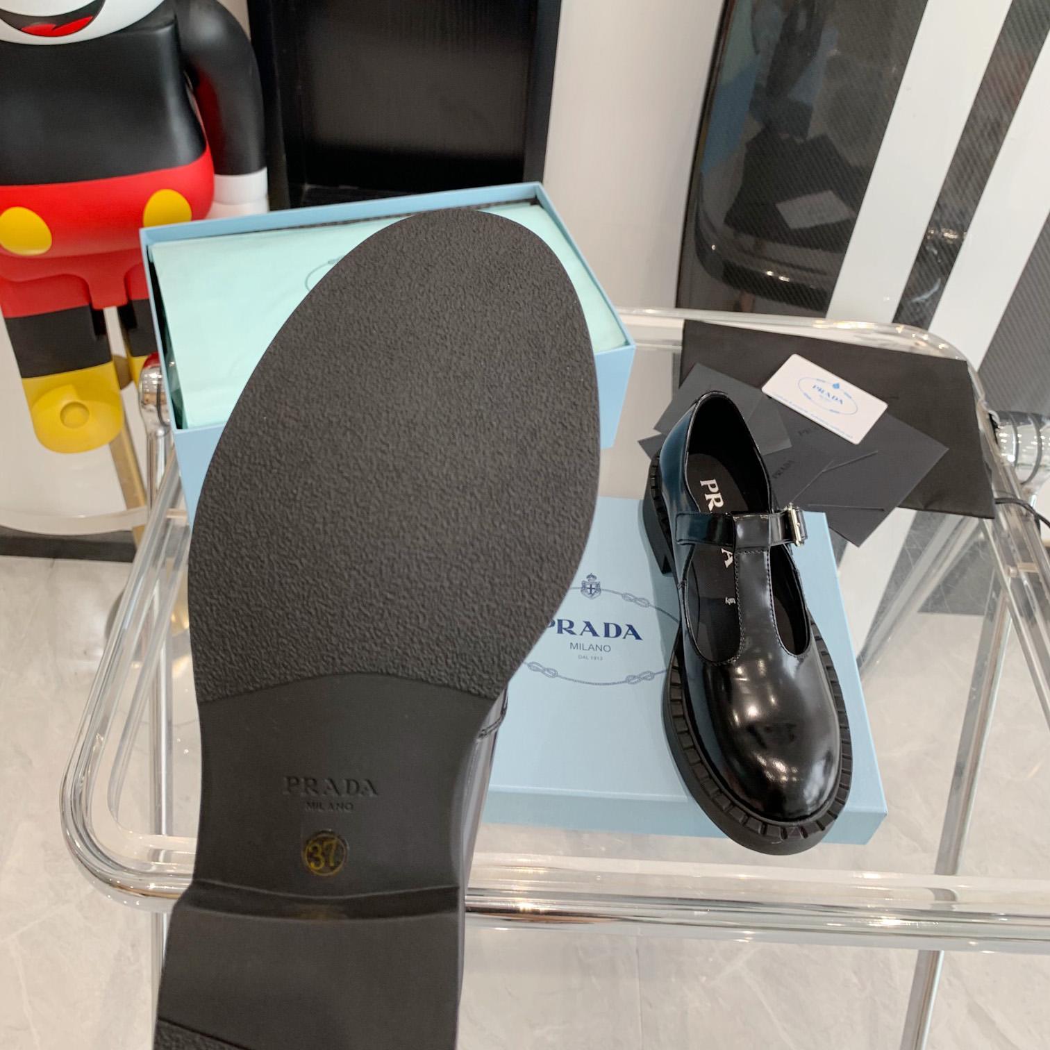 Prada Brushed-Leather Mary Jane T-strap Shoes - FashionPlug