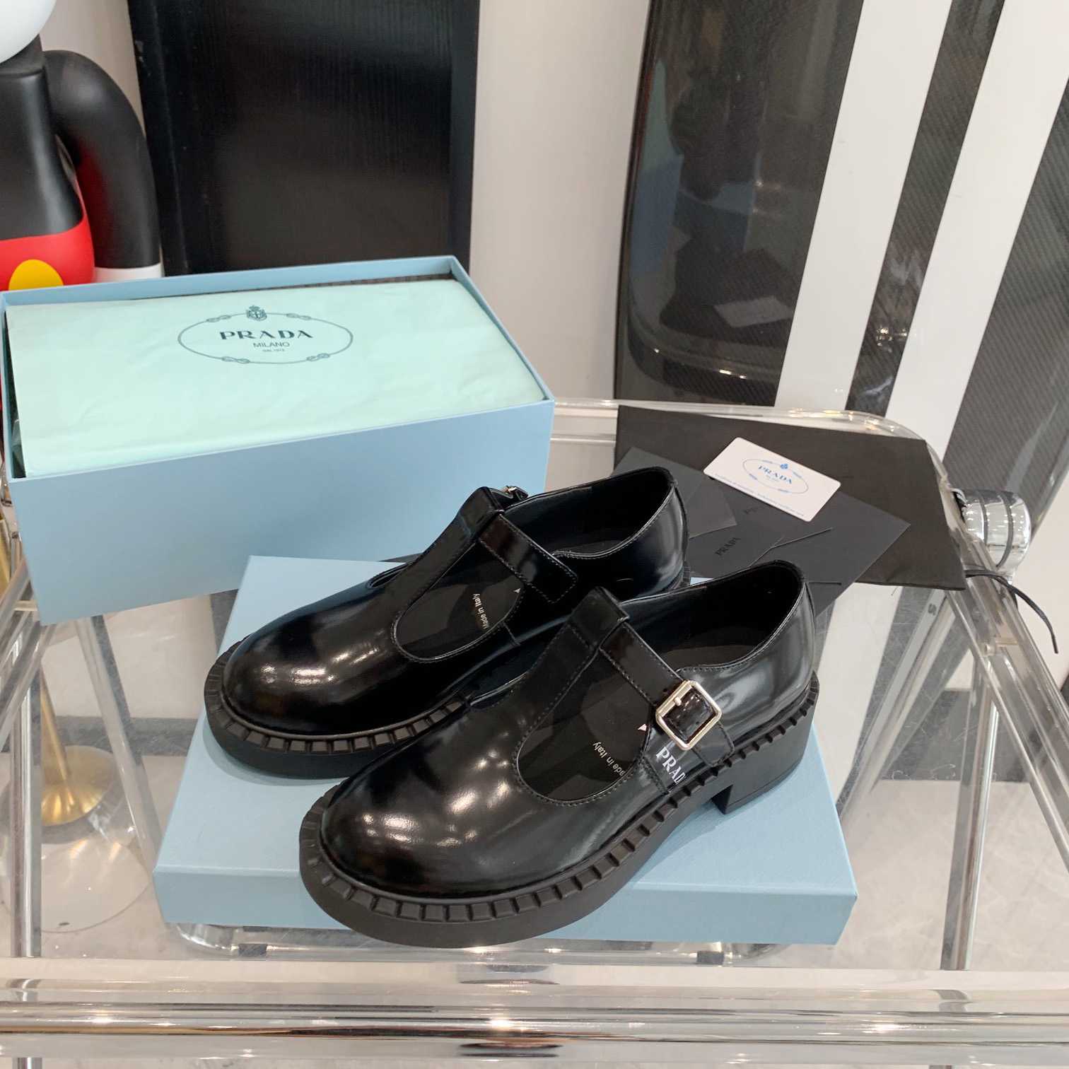 Prada Brushed-Leather Mary Jane T-strap Shoes - FashionPlug