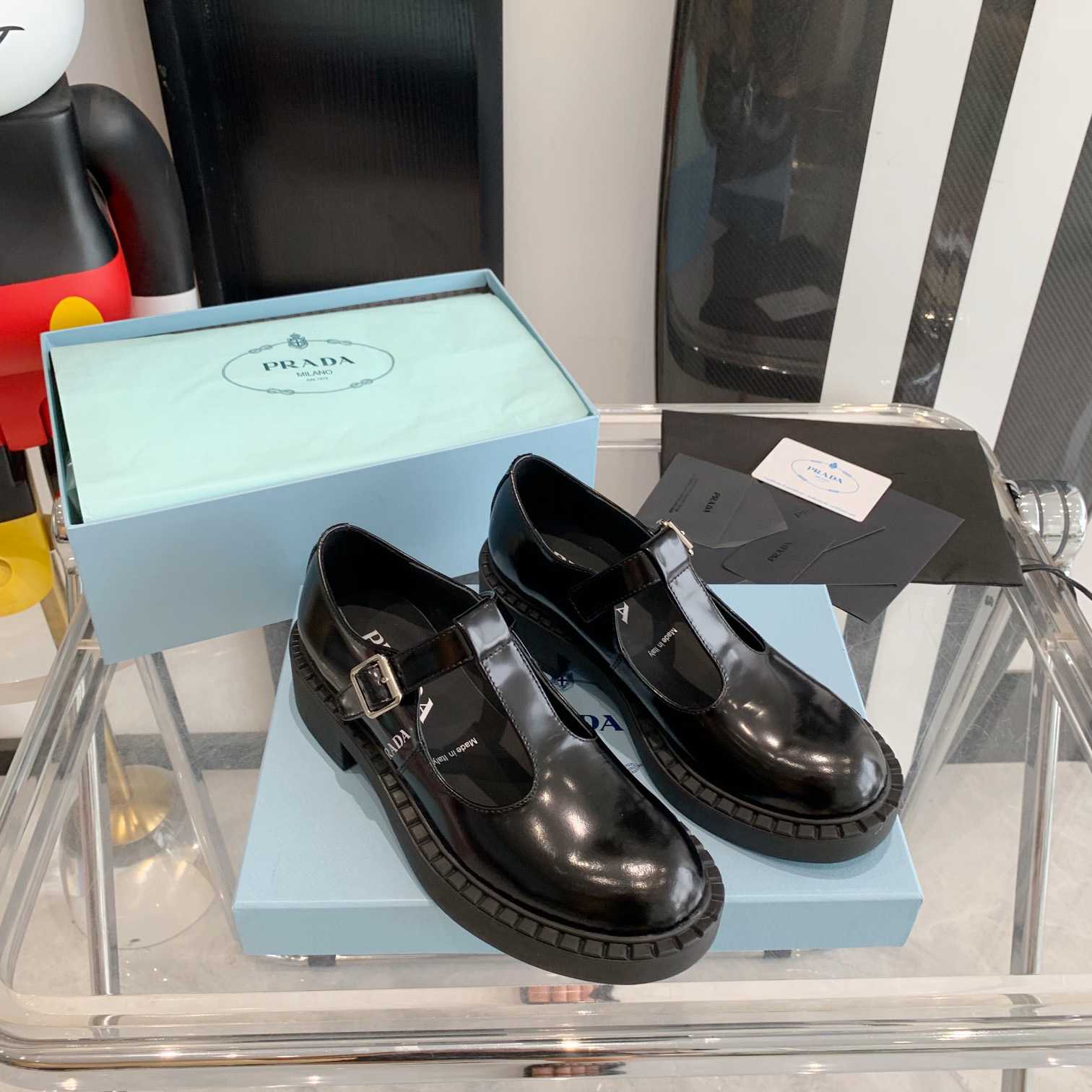 Prada Brushed-Leather Mary Jane T-strap Shoes - FashionPlug