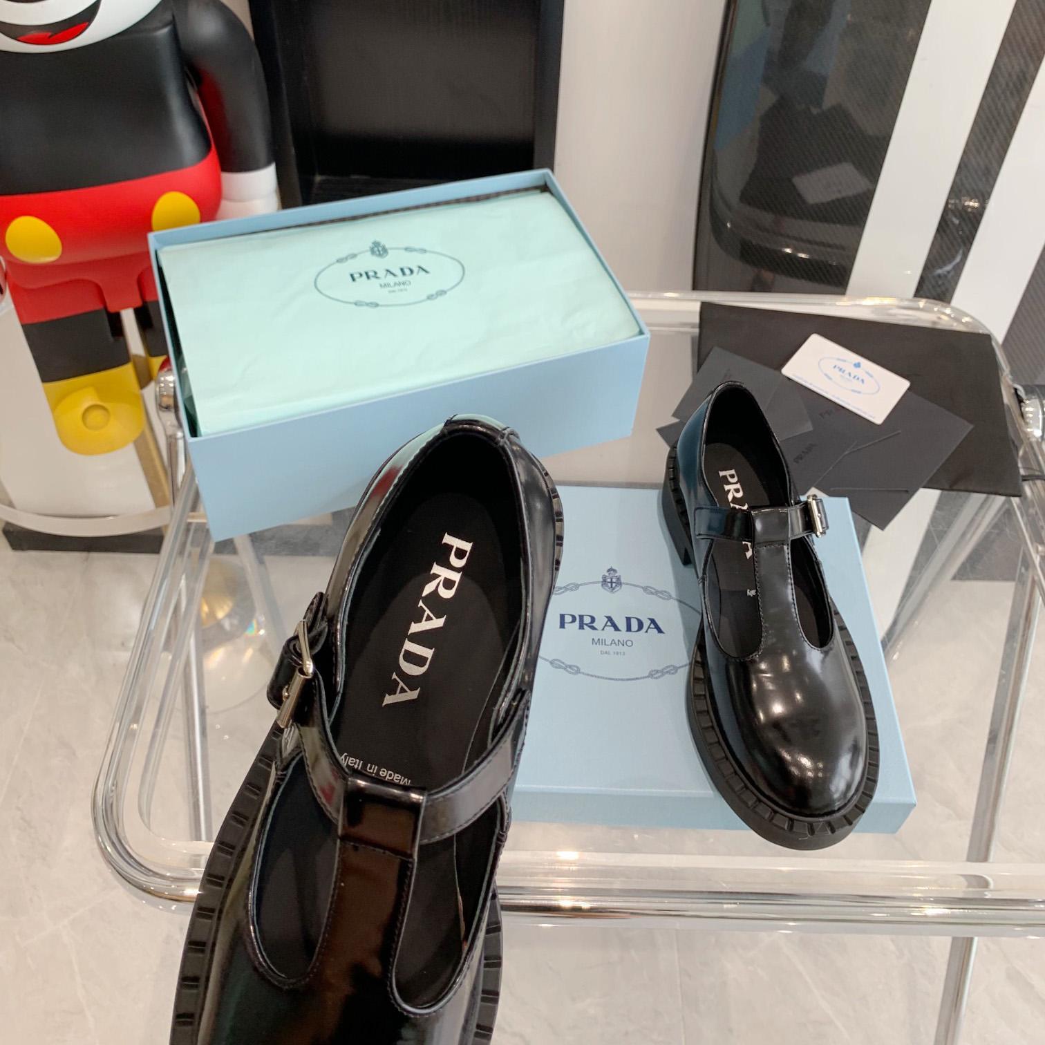Prada Brushed-Leather Mary Jane T-strap Shoes - FashionPlug