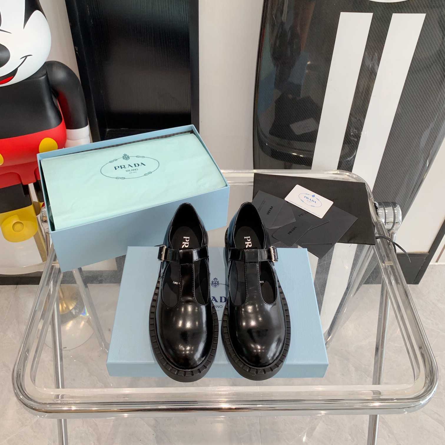Prada Brushed-Leather Mary Jane T-strap Shoes - FashionPlug