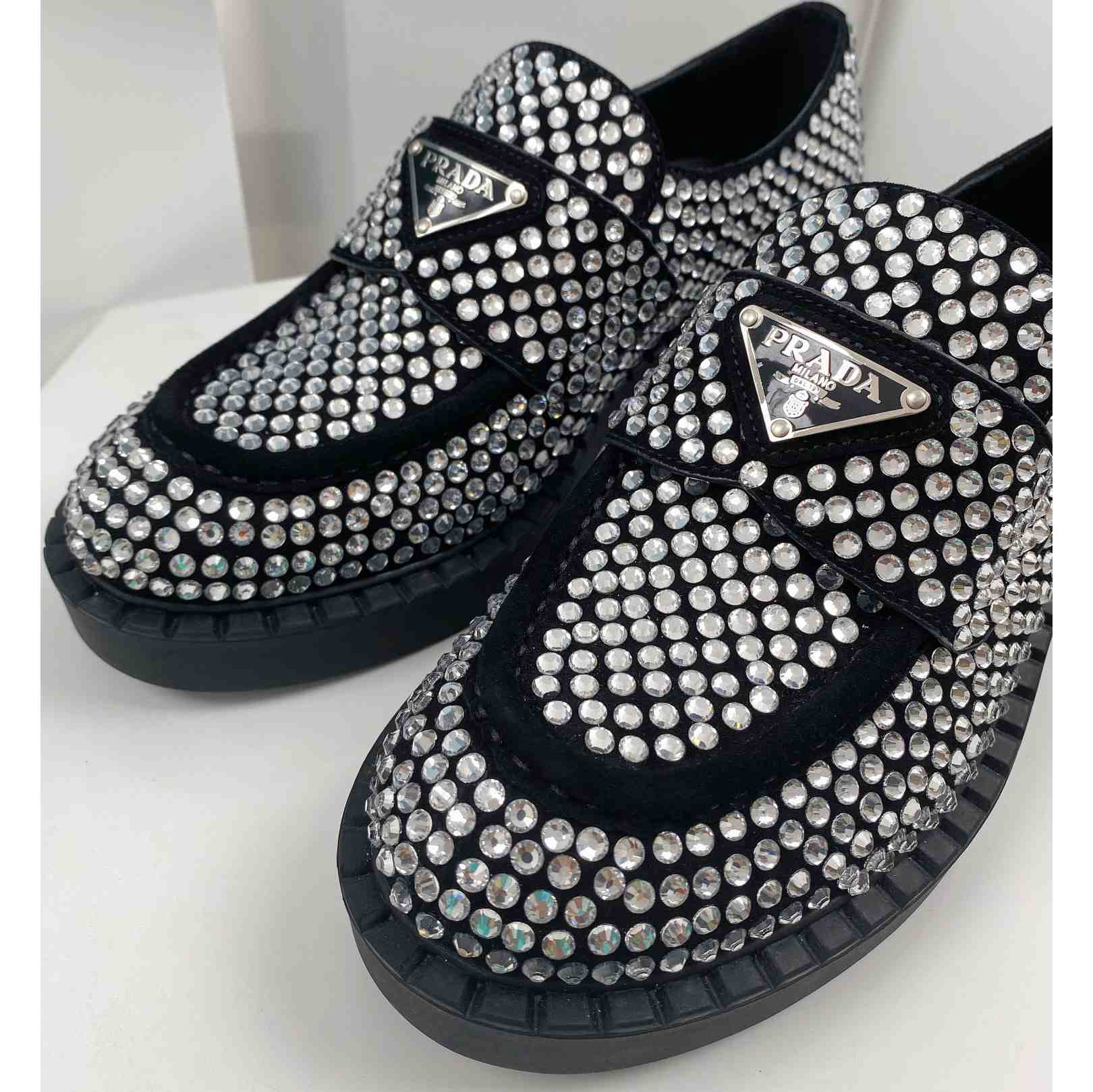 Prada Satin Loafers With Crystals - FashionPlug