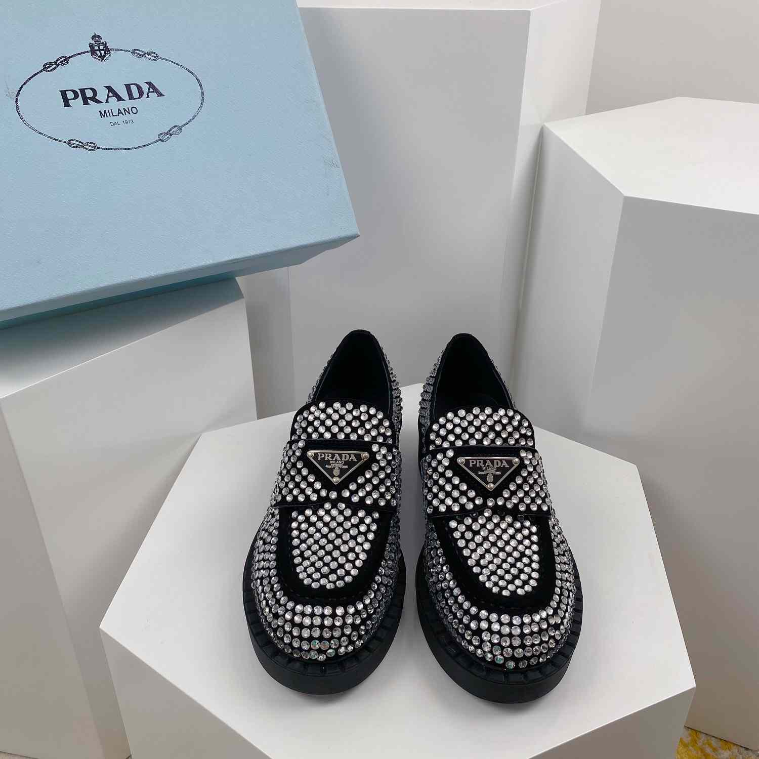 Prada Satin Loafers With Crystals - FashionPlug