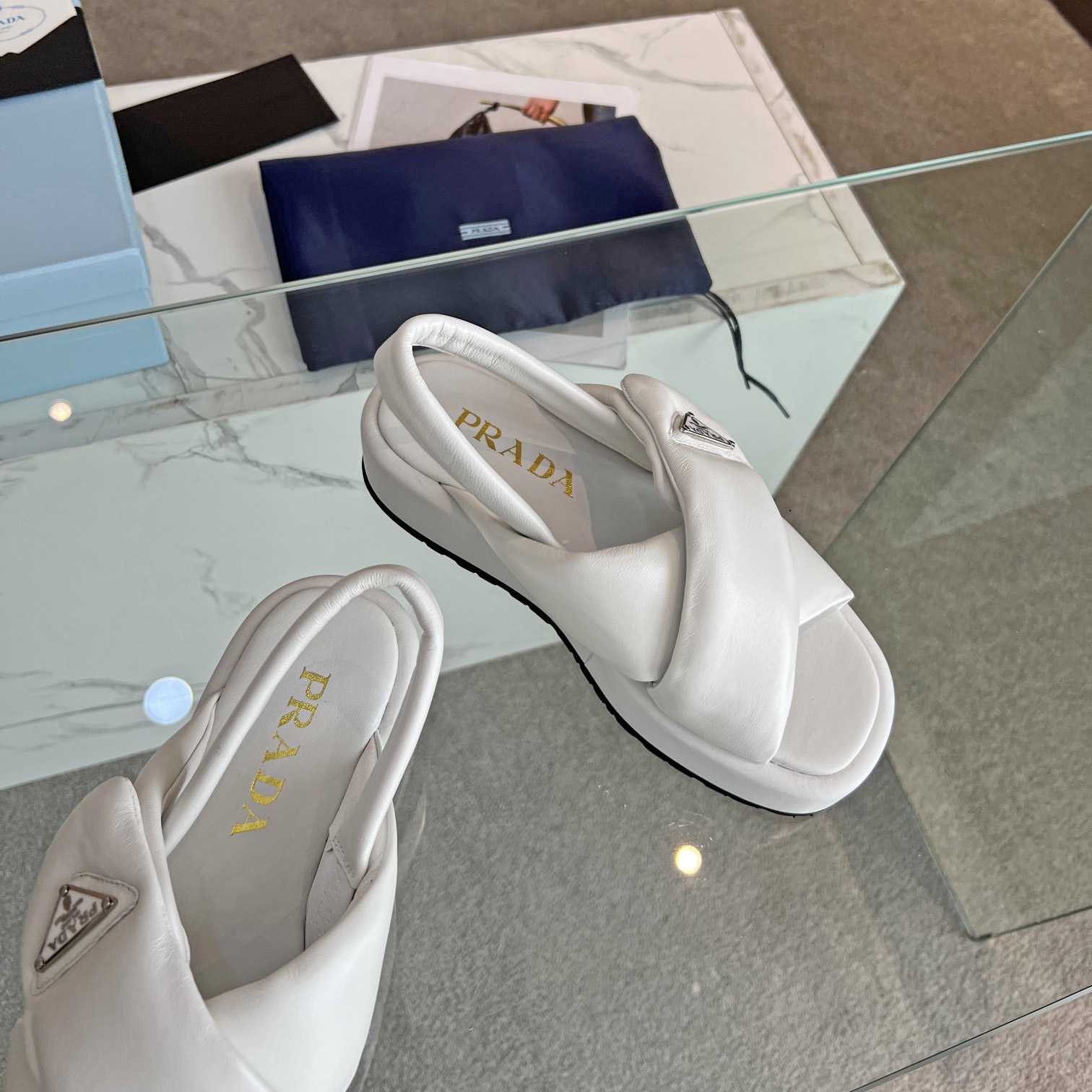 Prada Soft Padded Nappa Leather Wedge Sandals - FashionPlug