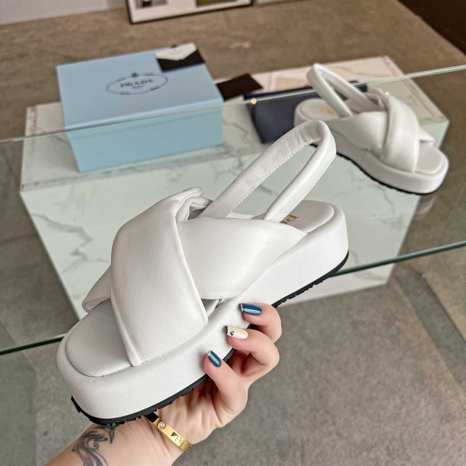 Prada Soft Padded Nappa Leather Wedge Sandals - FashionPlug