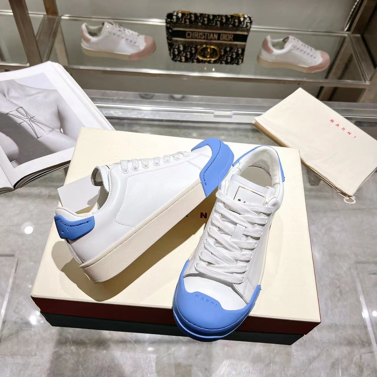 Marni Dada Bumper Sneaker In White And Blue Leather - FashionPlug