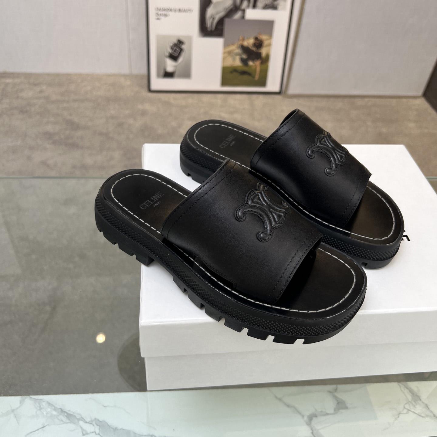 Celine Clea Triomphe Slide In Vegetable - Black Calfskin - FashionPlug