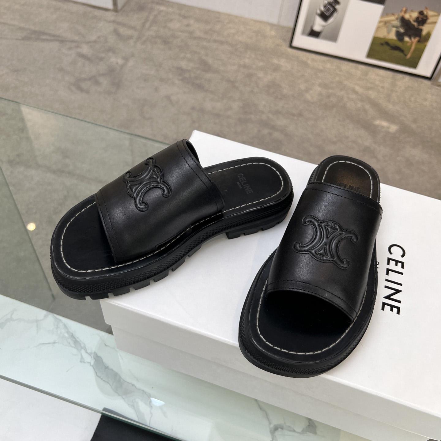 Celine Clea Triomphe Slide In Vegetable - Black Calfskin - FashionPlug