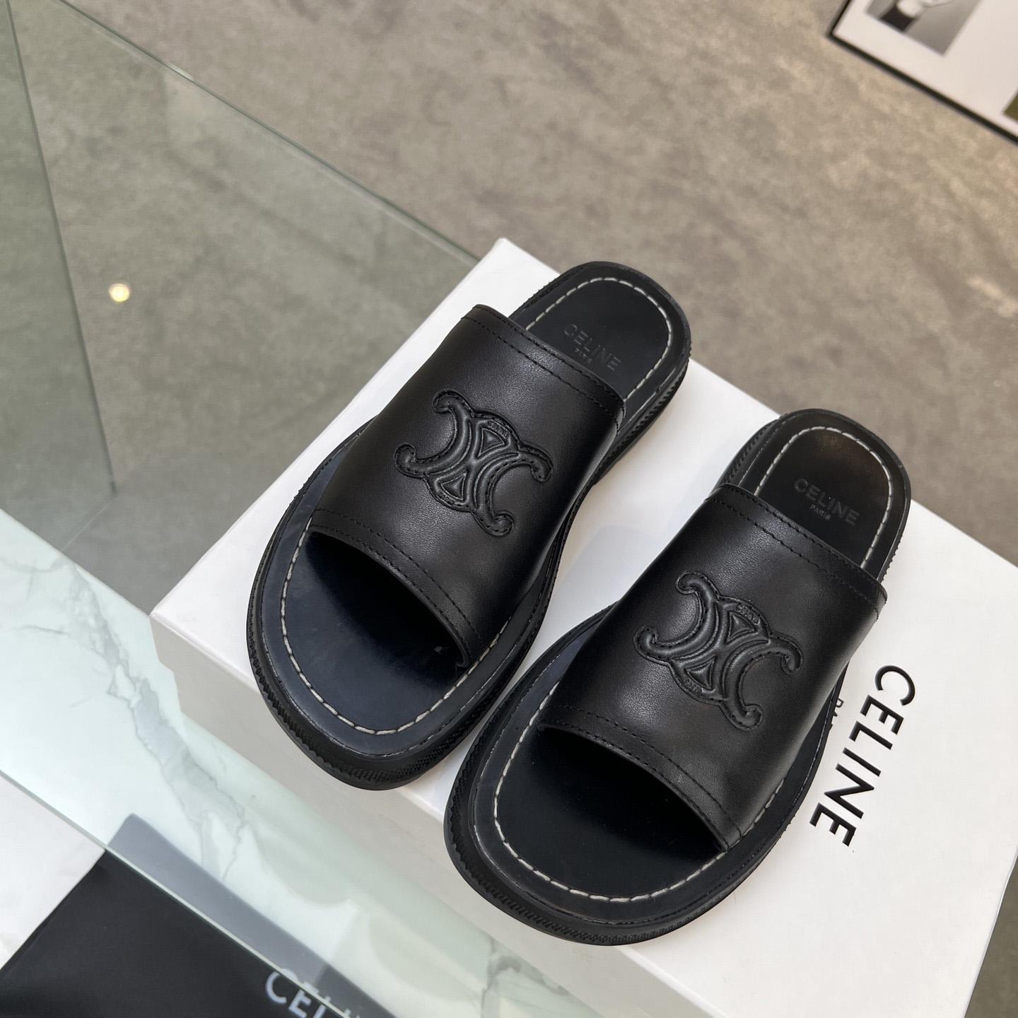 Celine Clea Triomphe Slide In Vegetable - Black Calfskin - FashionPlug