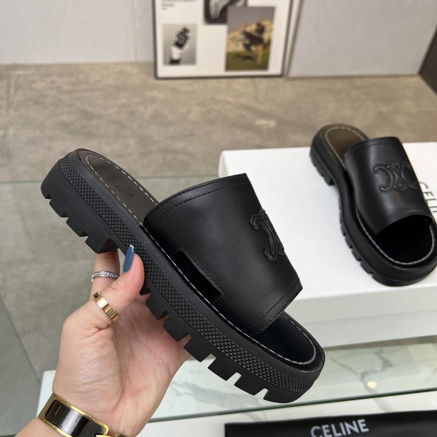 Celine Clea Triomphe Slide In Vegetable - Black Calfskin - FashionPlug