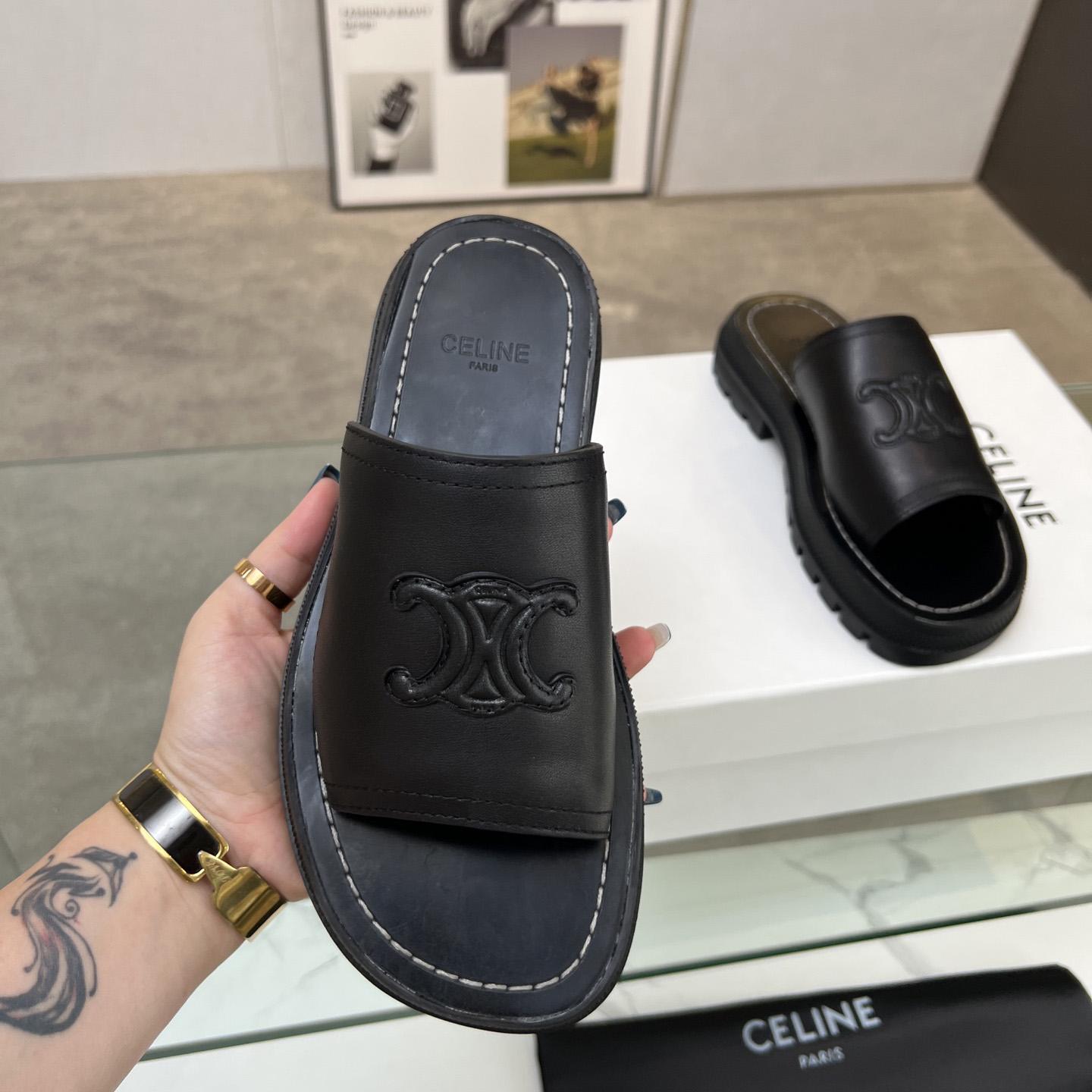 Celine Clea Triomphe Slide In Vegetable - Black Calfskin - FashionPlug