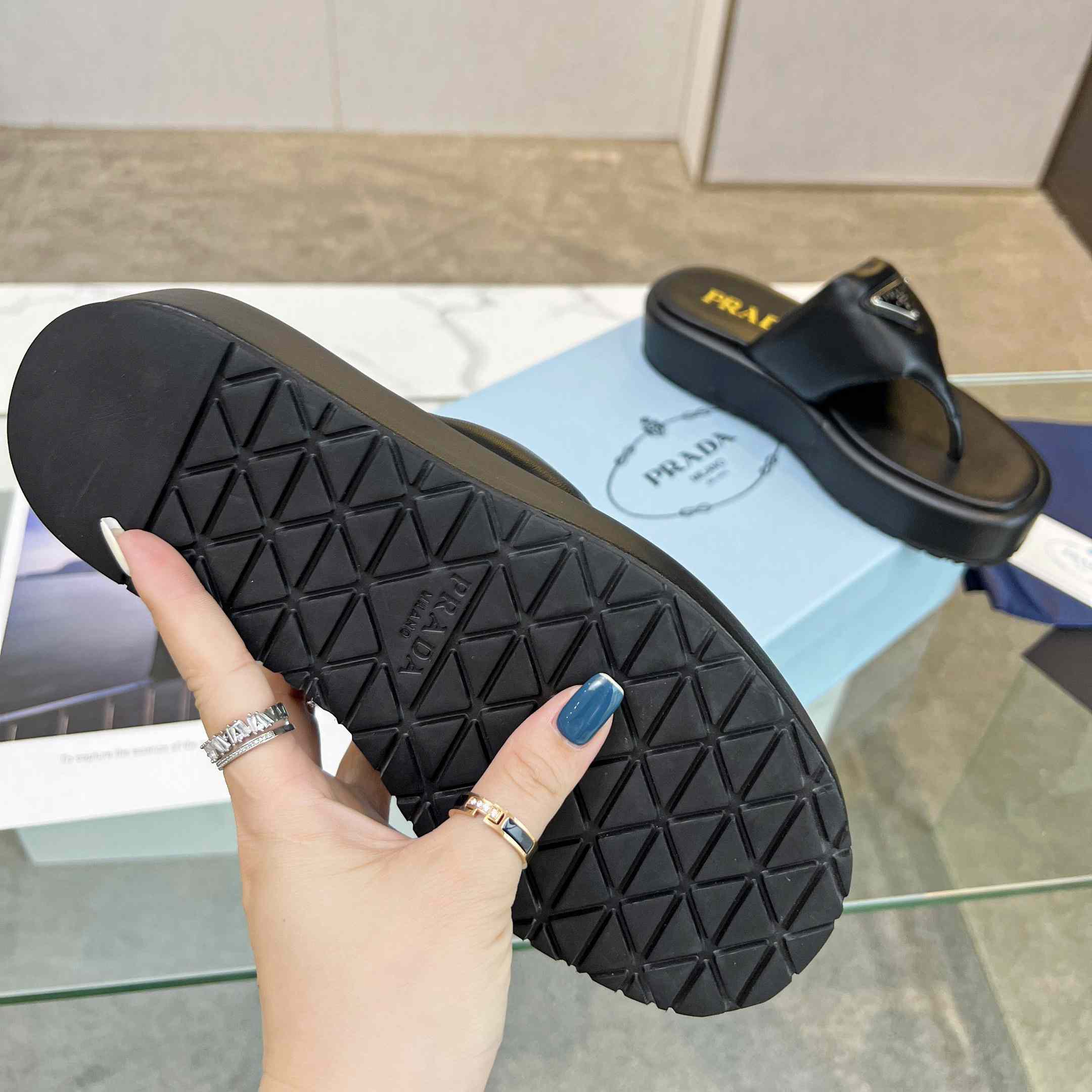 Prada Soft Padded Nappa Leather Thong Wedge Sandals - FashionPlug