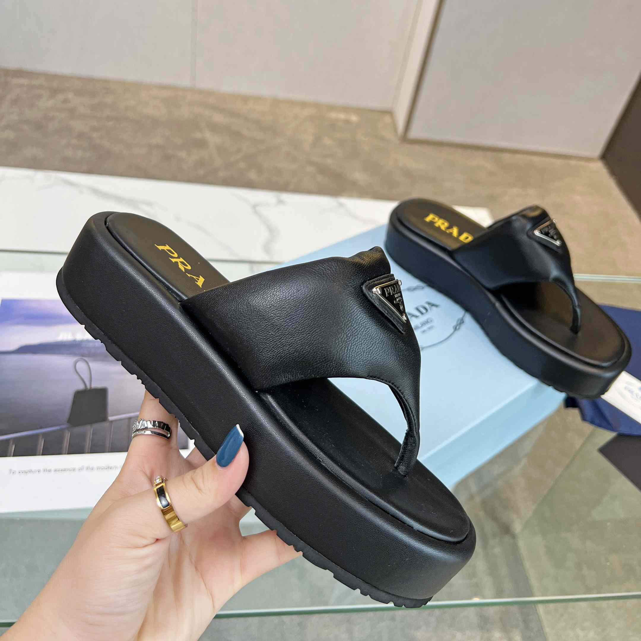 Prada Soft Padded Nappa Leather Thong Wedge Sandals - FashionPlug
