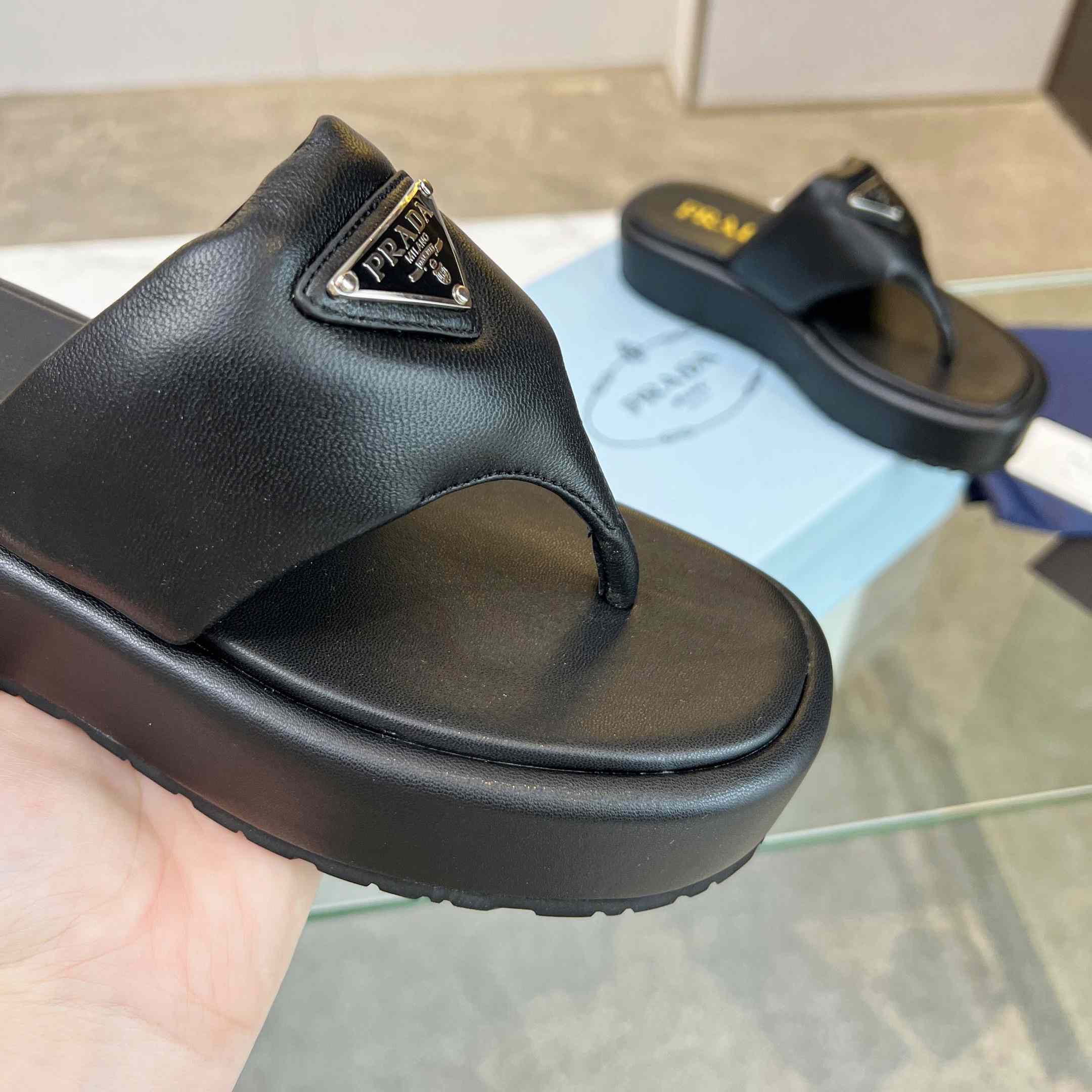 Prada Soft Padded Nappa Leather Thong Wedge Sandals - FashionPlug