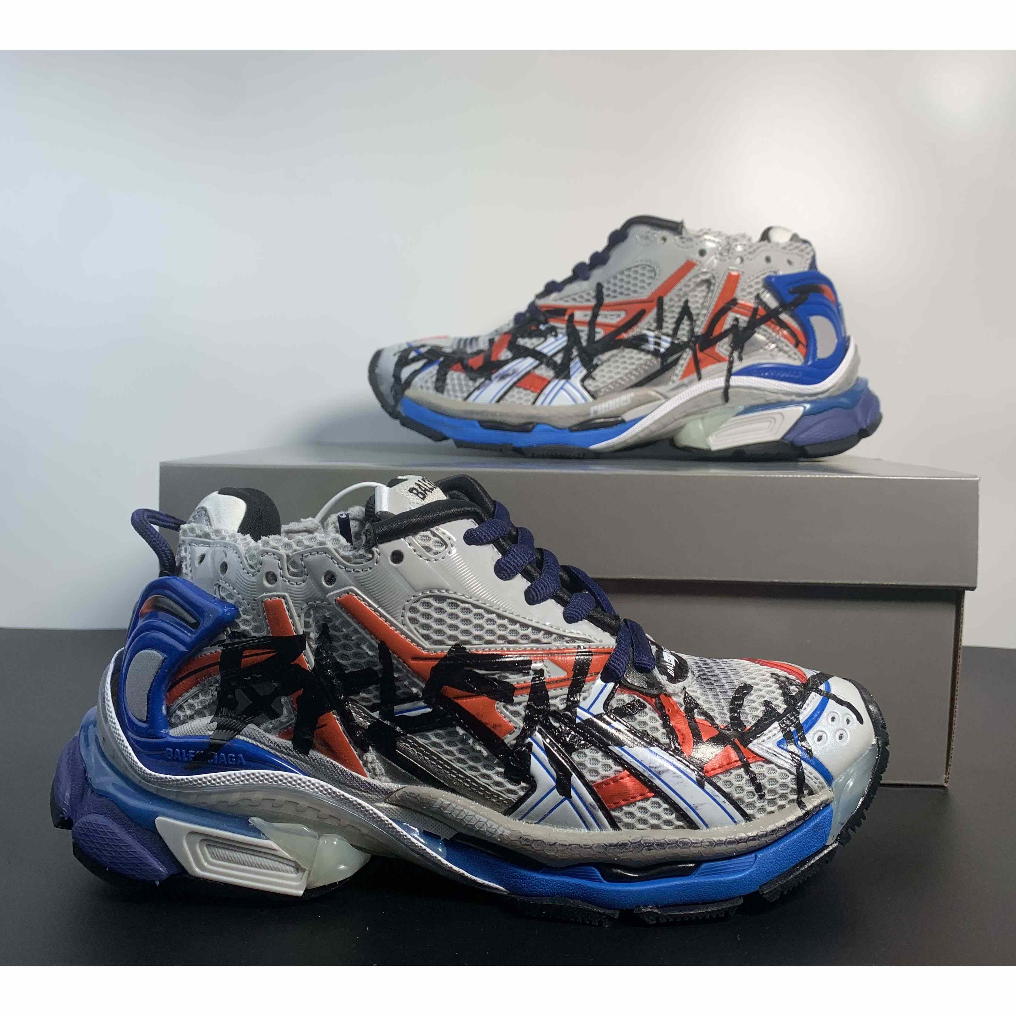 Balenciaga Runner Graffiti Sneaker In Blue - FashionPlug