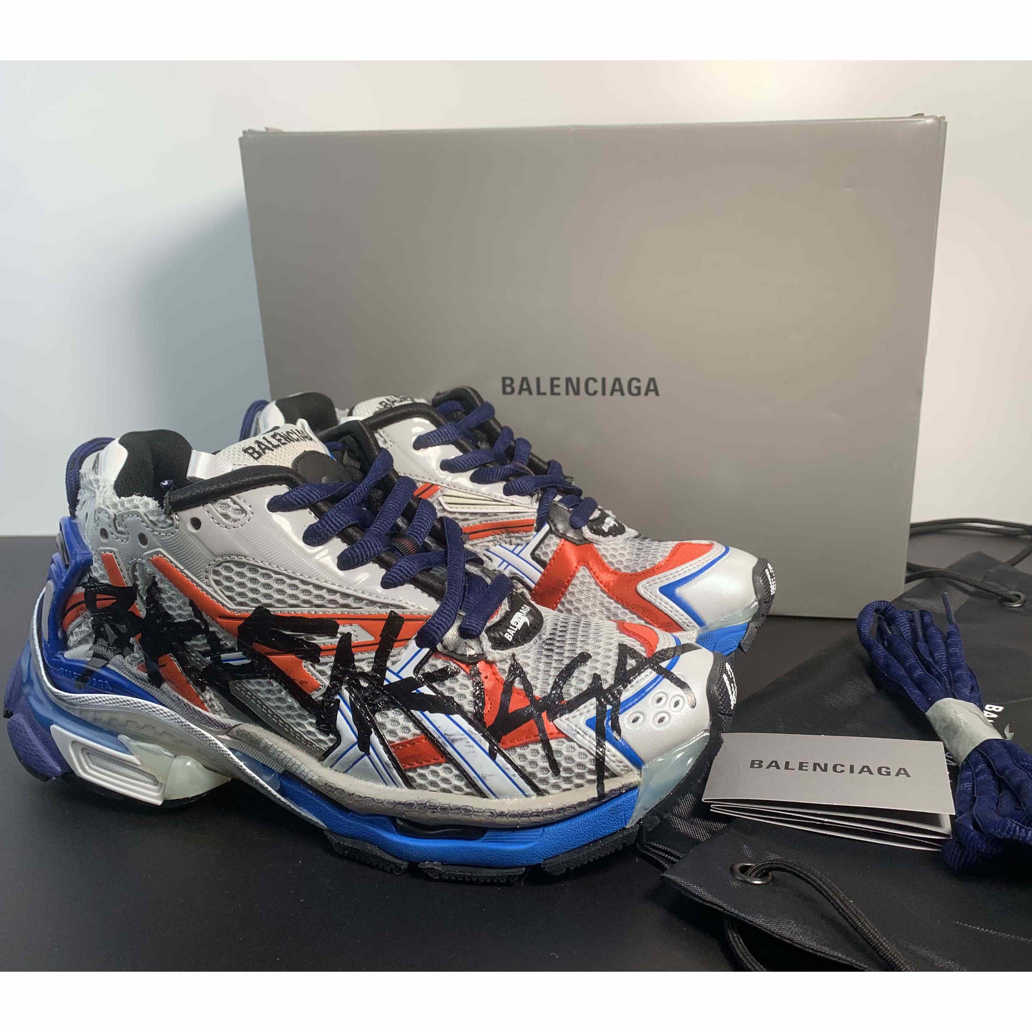Balenciaga Runner Graffiti Sneaker In Blue - FashionPlug