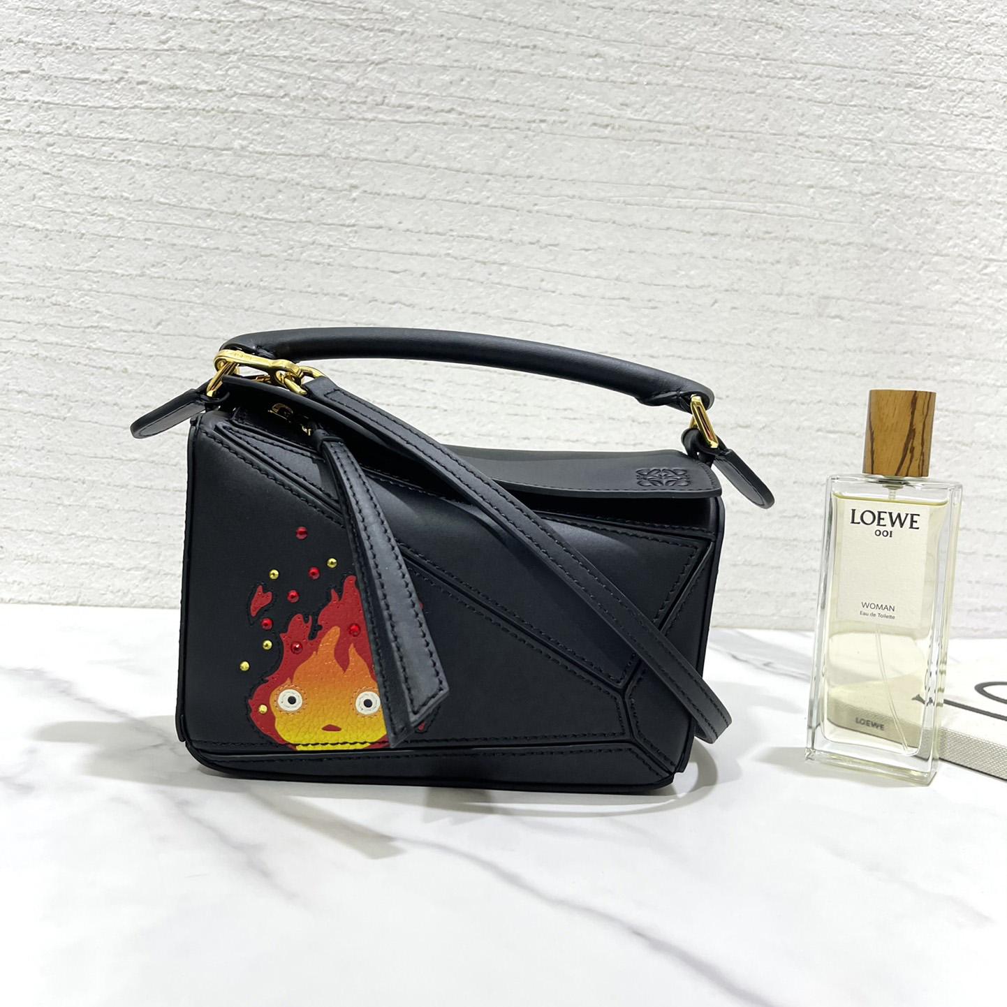 Loewe Calcifer Mini Puzzle Bag In Satin Calfskin And Crystal - FashionPlug