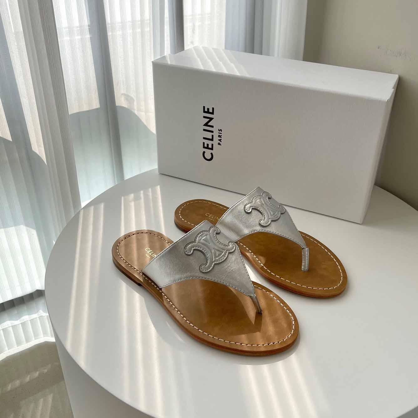 Celine Triomphe Flat Thong In Metalized Calfskin Silver - FashionPlug