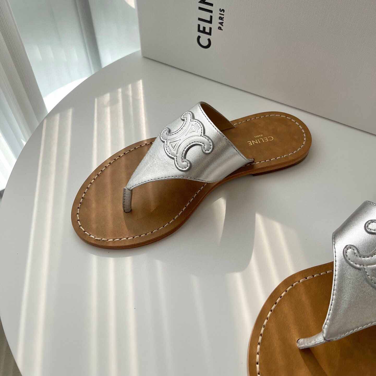 Celine Triomphe Flat Thong In Metalized Calfskin Silver - FashionPlug