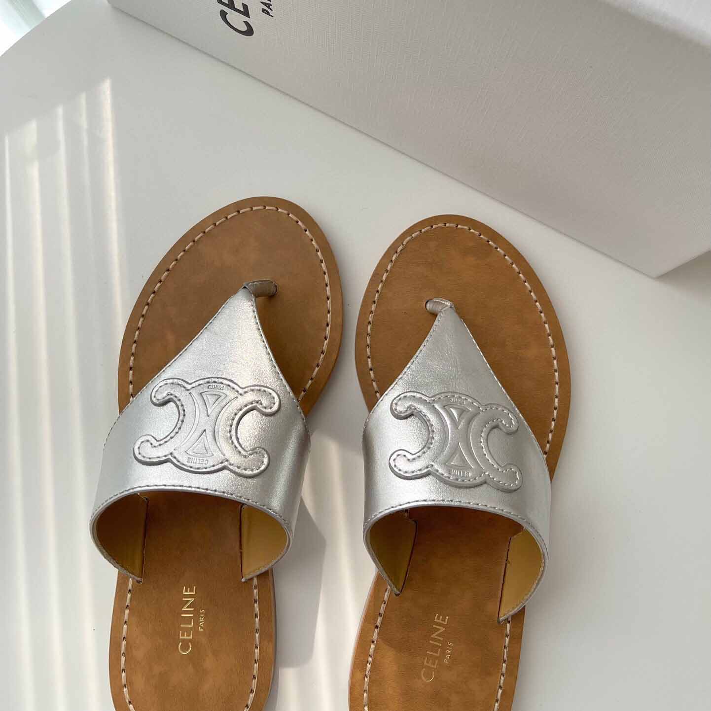 Celine Triomphe Flat Thong In Metalized Calfskin Silver - FashionPlug