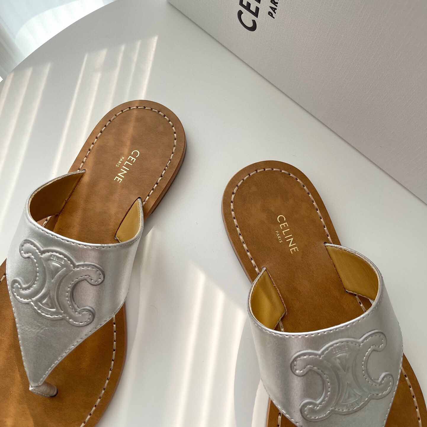 Celine Triomphe Flat Thong In Metalized Calfskin Silver - FashionPlug