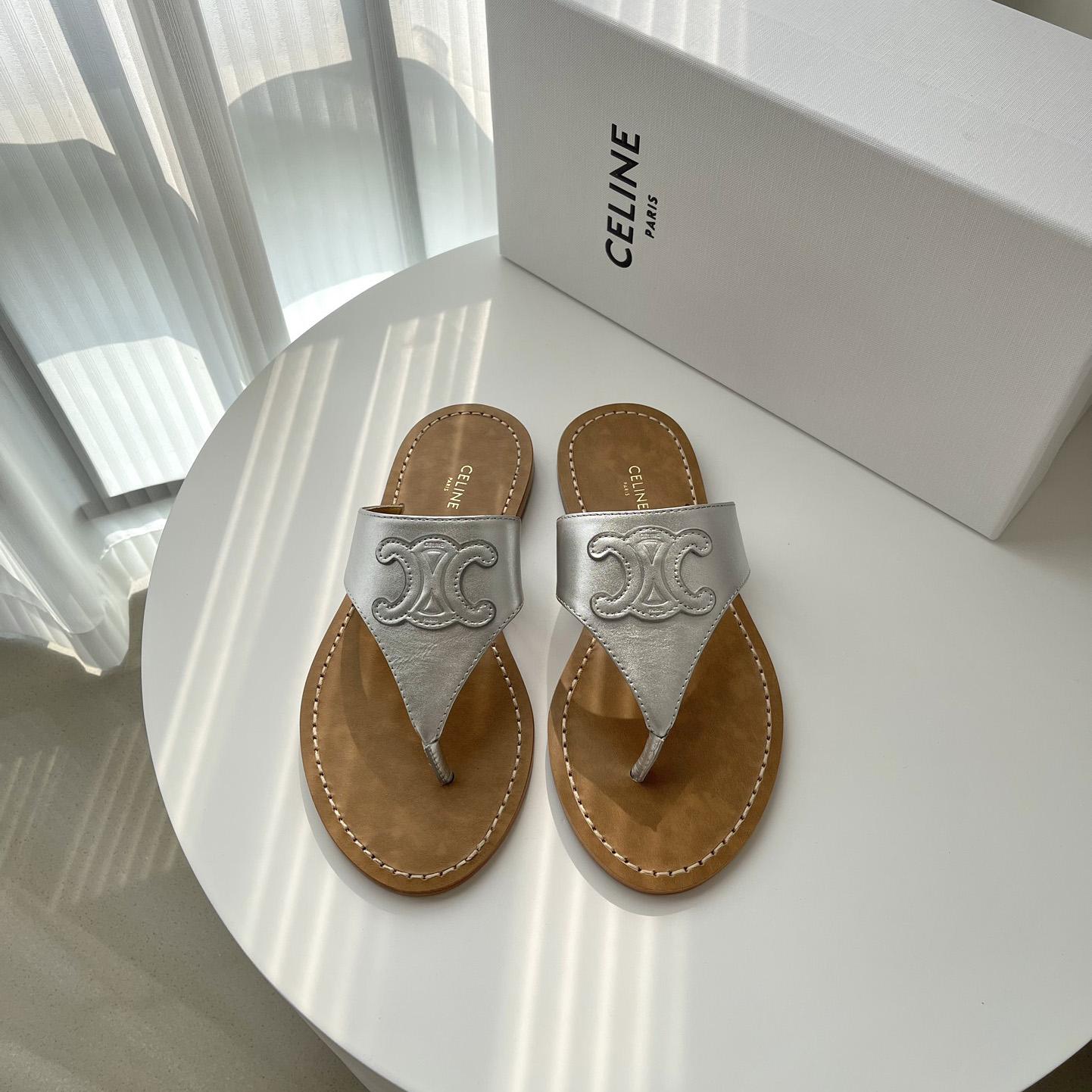 Celine Triomphe Flat Thong In Metalized Calfskin Silver - FashionPlug
