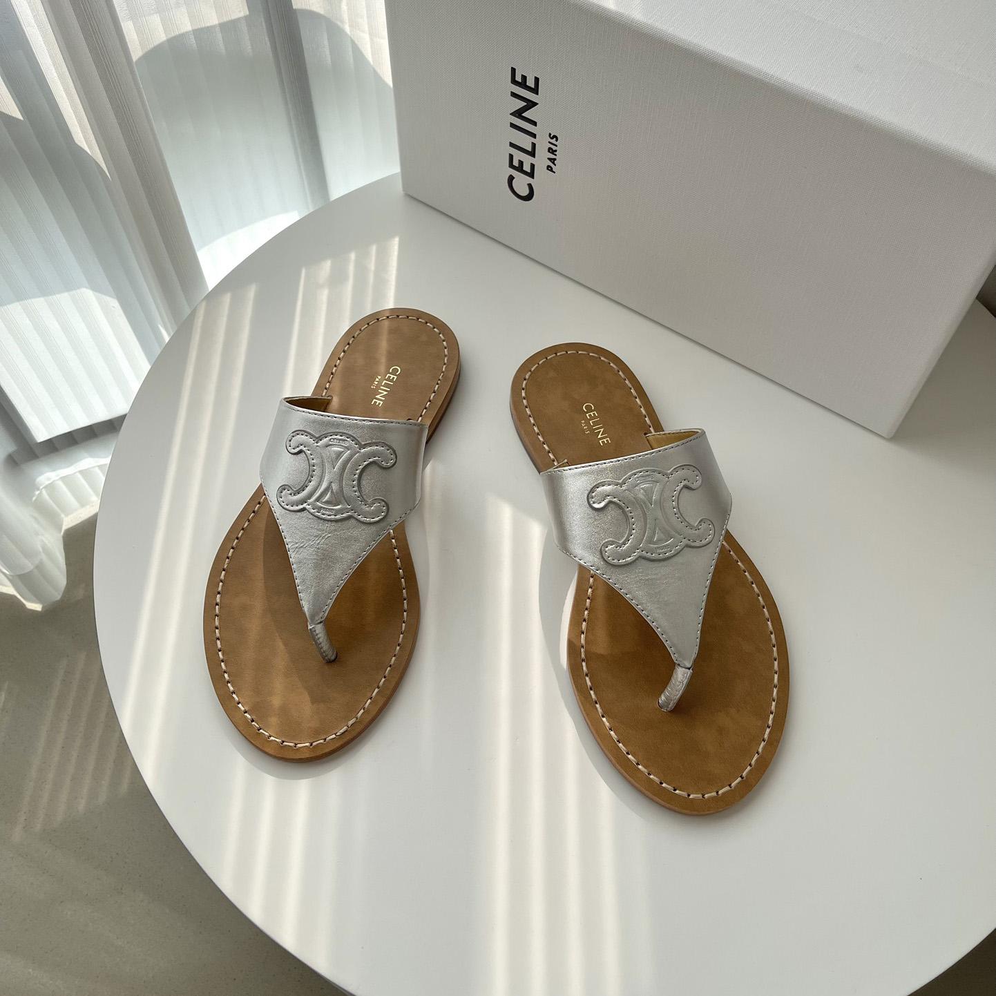 Celine Triomphe Flat Thong In Metalized Calfskin Silver - FashionPlug