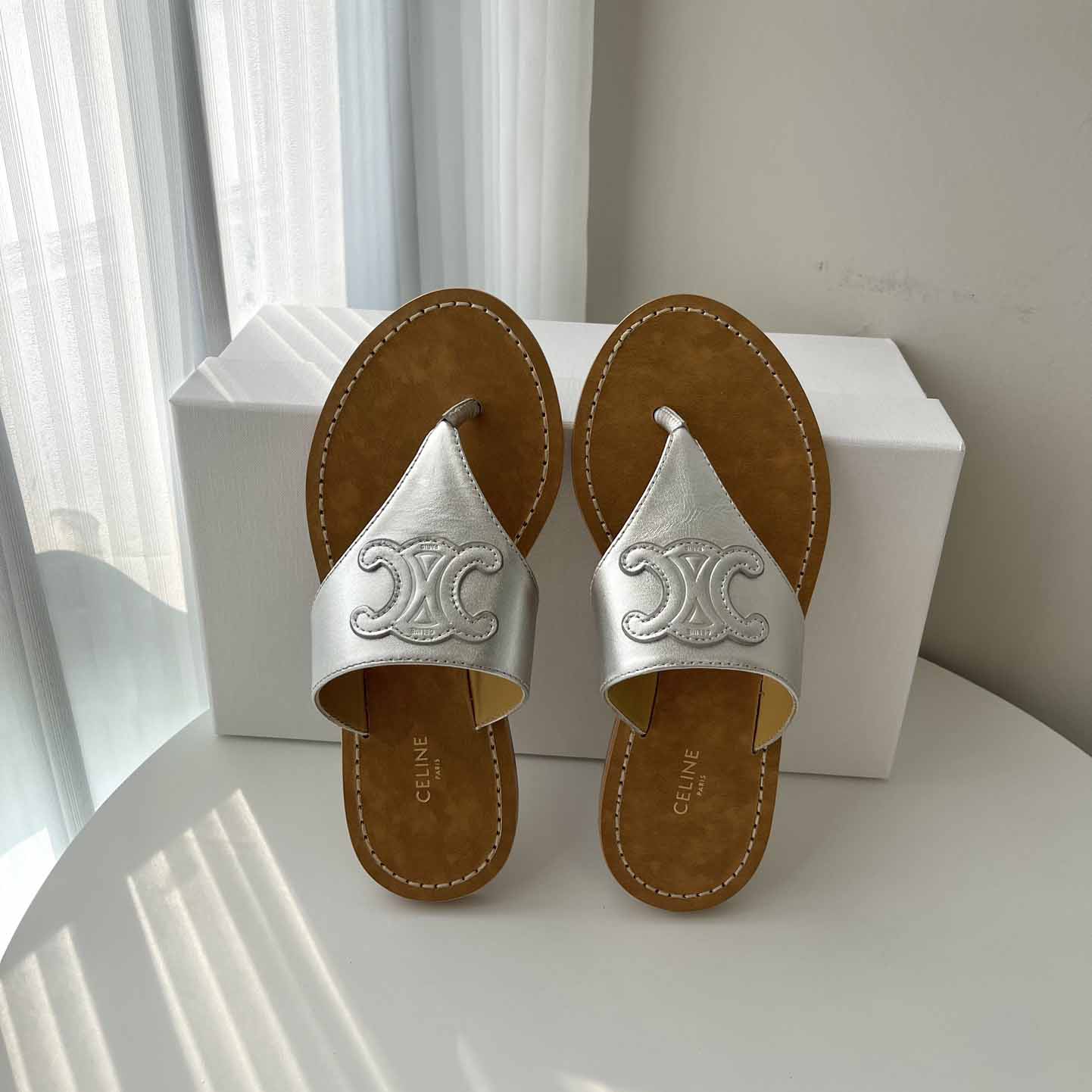 Celine Triomphe Flat Thong In Metalized Calfskin Silver - FashionPlug