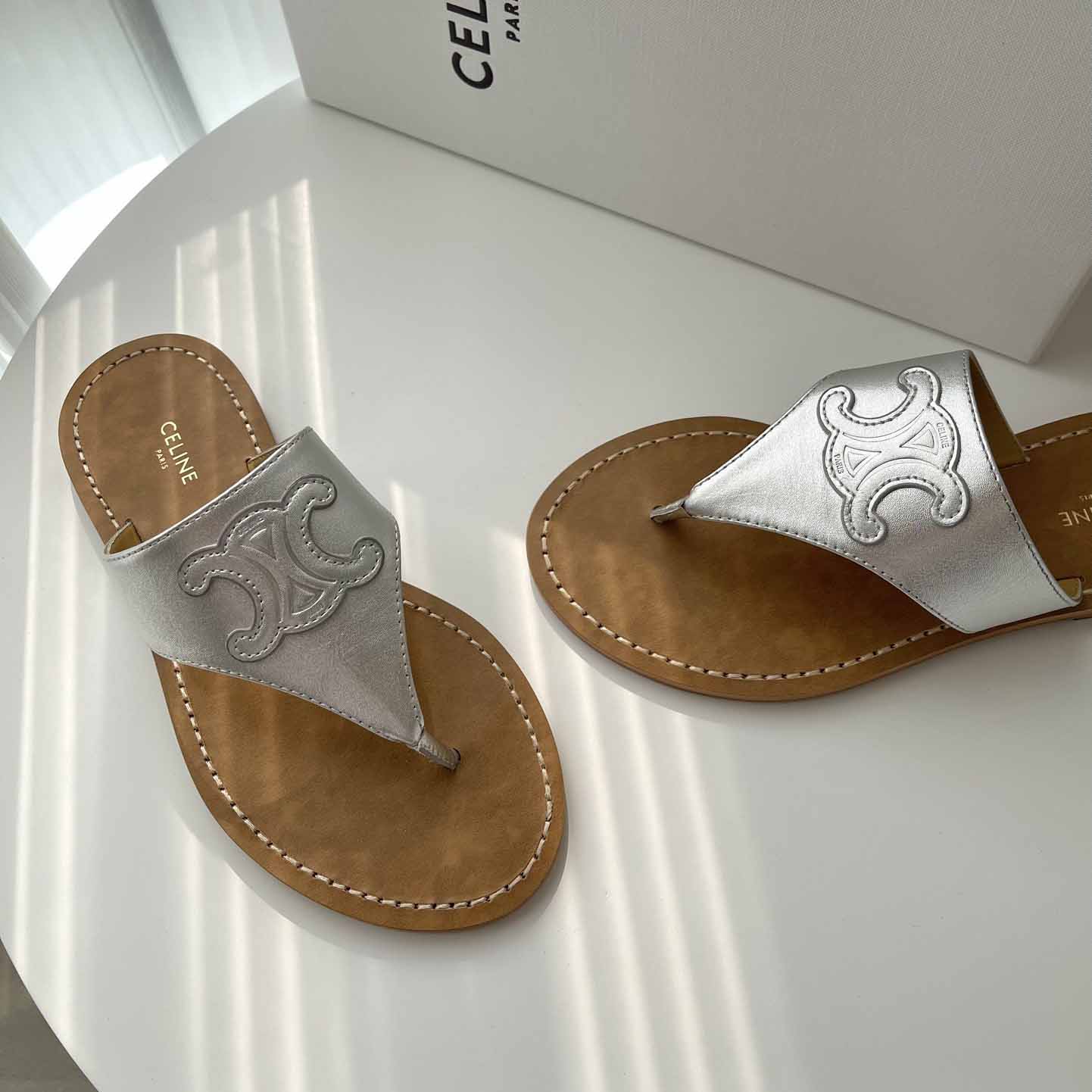 Celine Triomphe Flat Thong In Metalized Calfskin Silver - FashionPlug