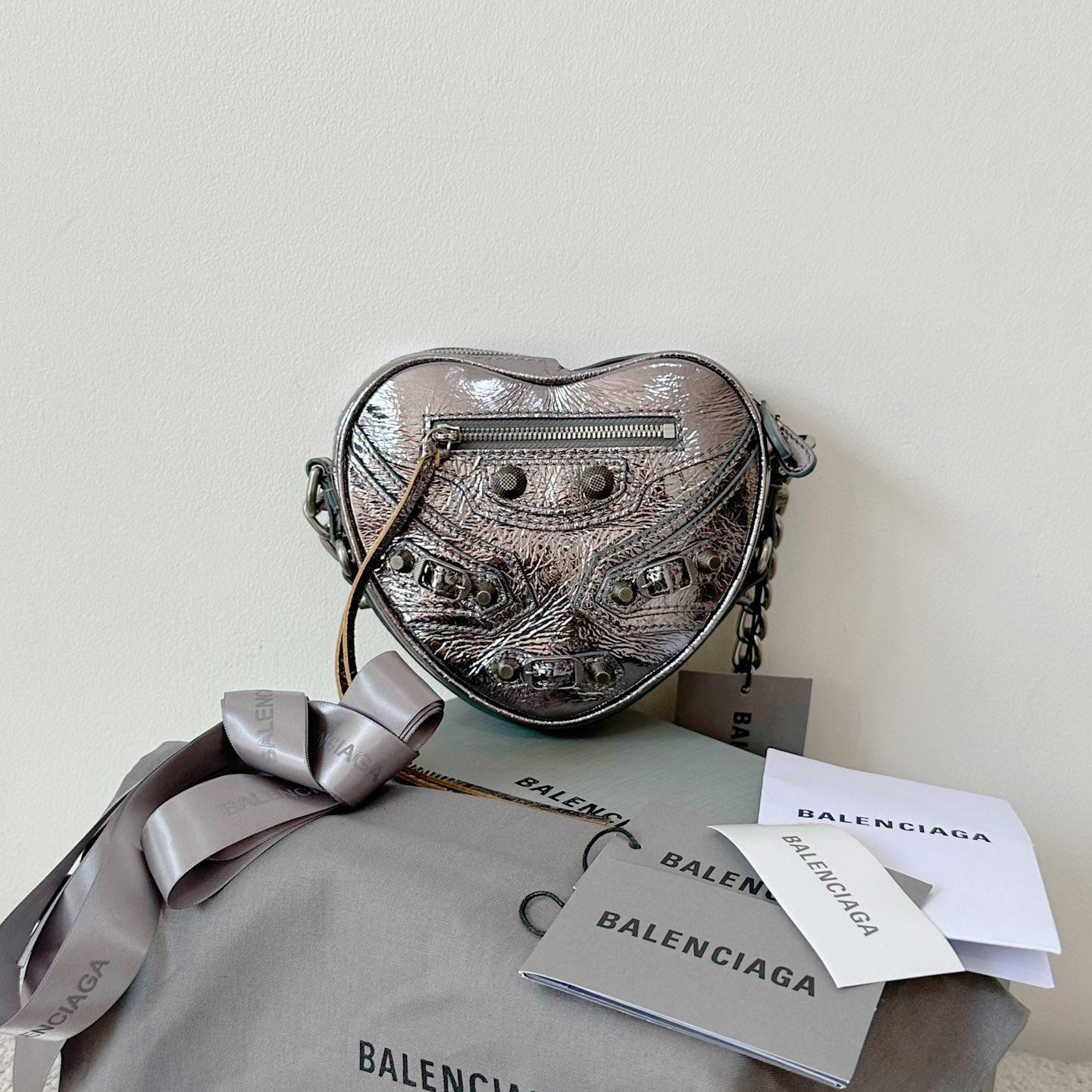 Balenciaga Le Cagole Heart Mini Bag Metallized In Silver (16-12.7-4.5cm) - FashionPlug