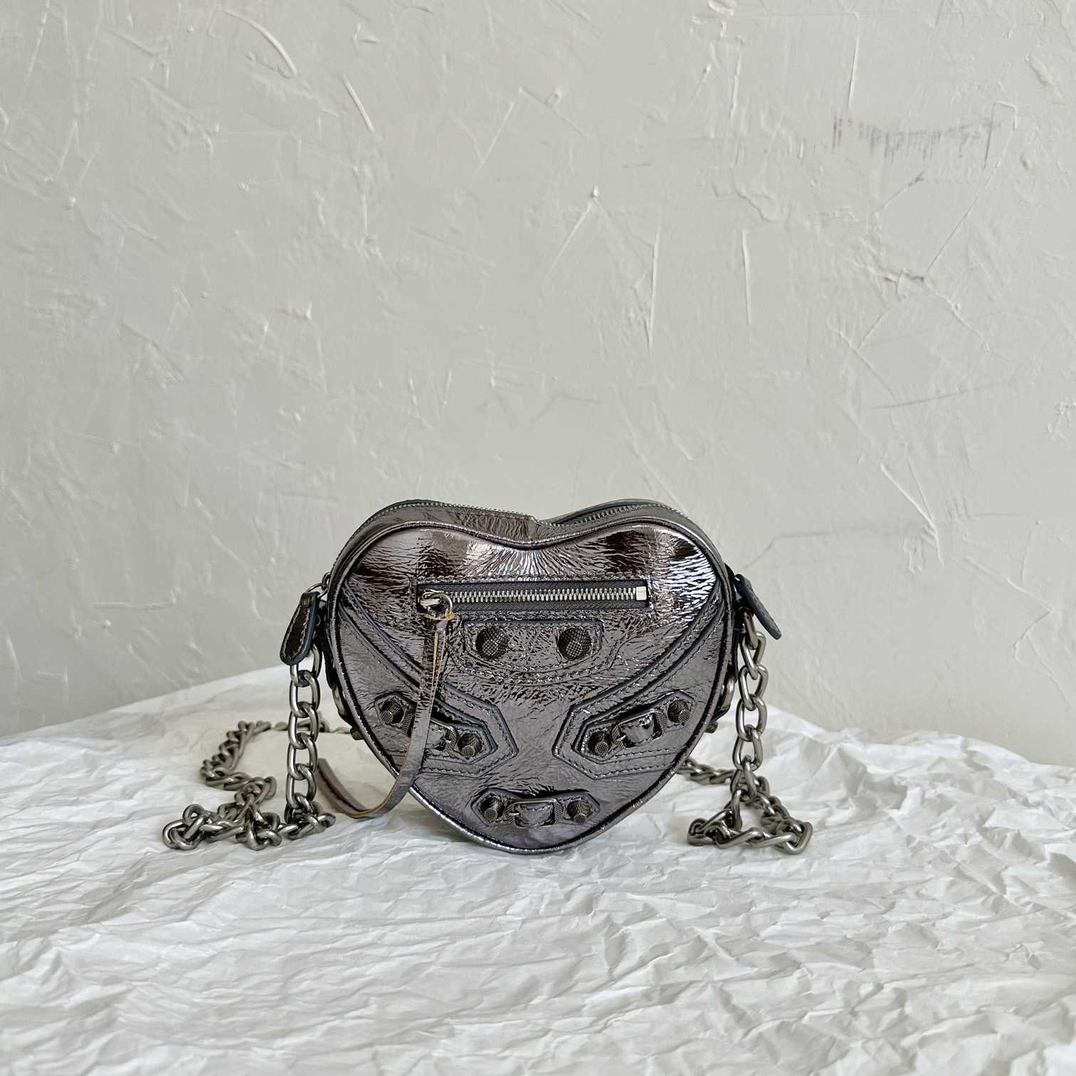 Balenciaga Le Cagole Heart Mini Bag Metallized In Silver (16-12.7-4.5cm) - FashionPlug
