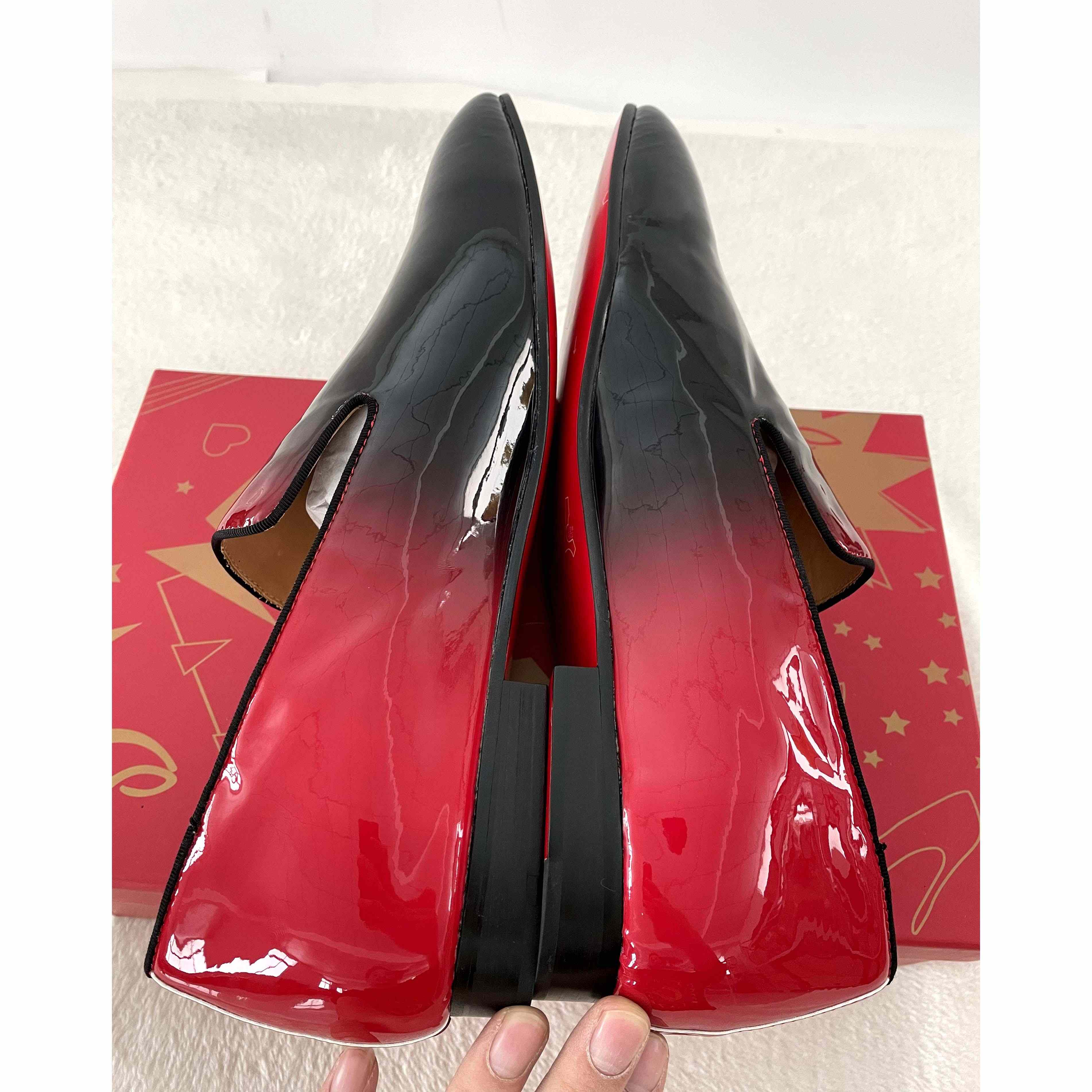 Christian Louboutin Black Red Patent leather Loafers Dress Shoes - FashionPlug