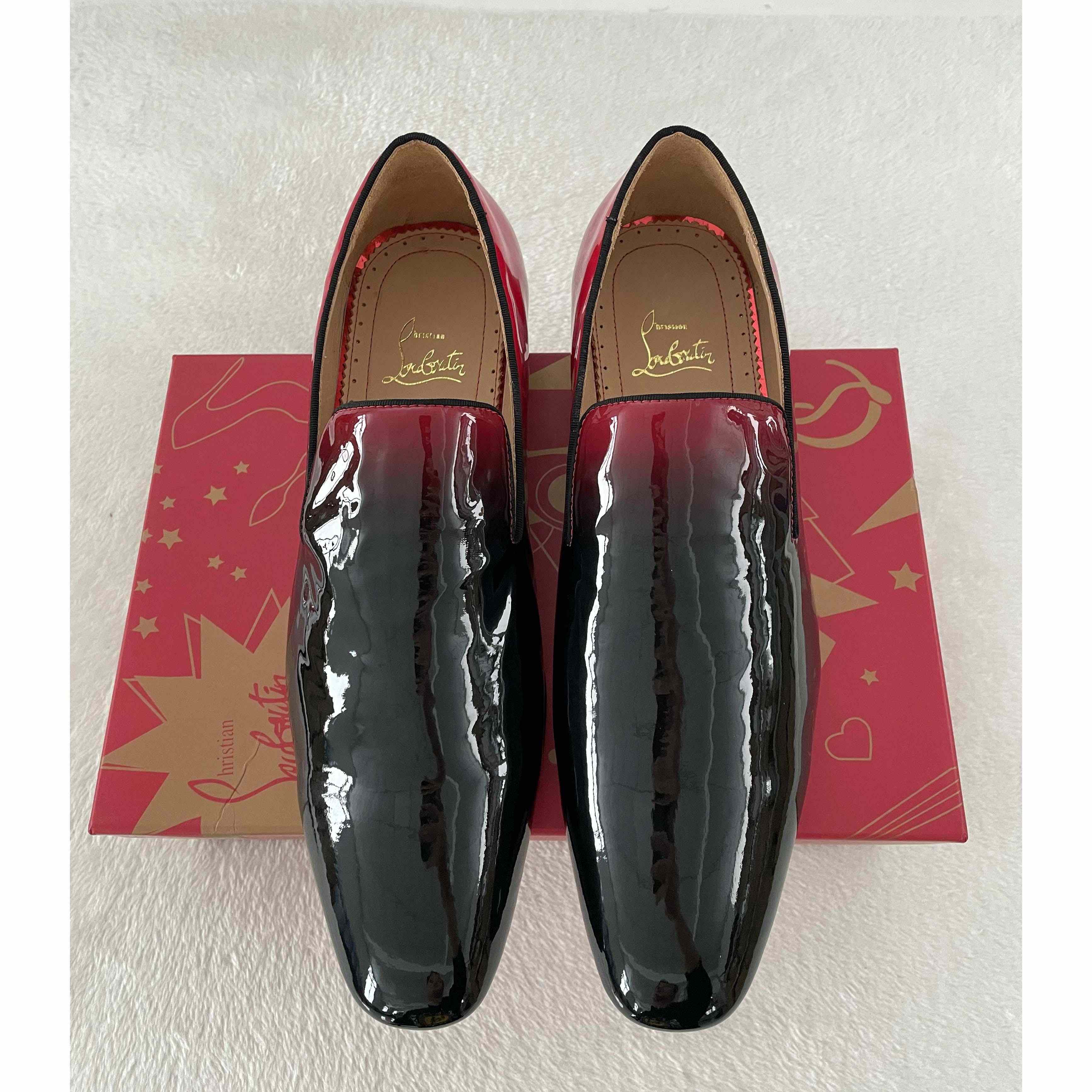Christian Louboutin Black Red Patent leather Loafers Dress Shoes - FashionPlug