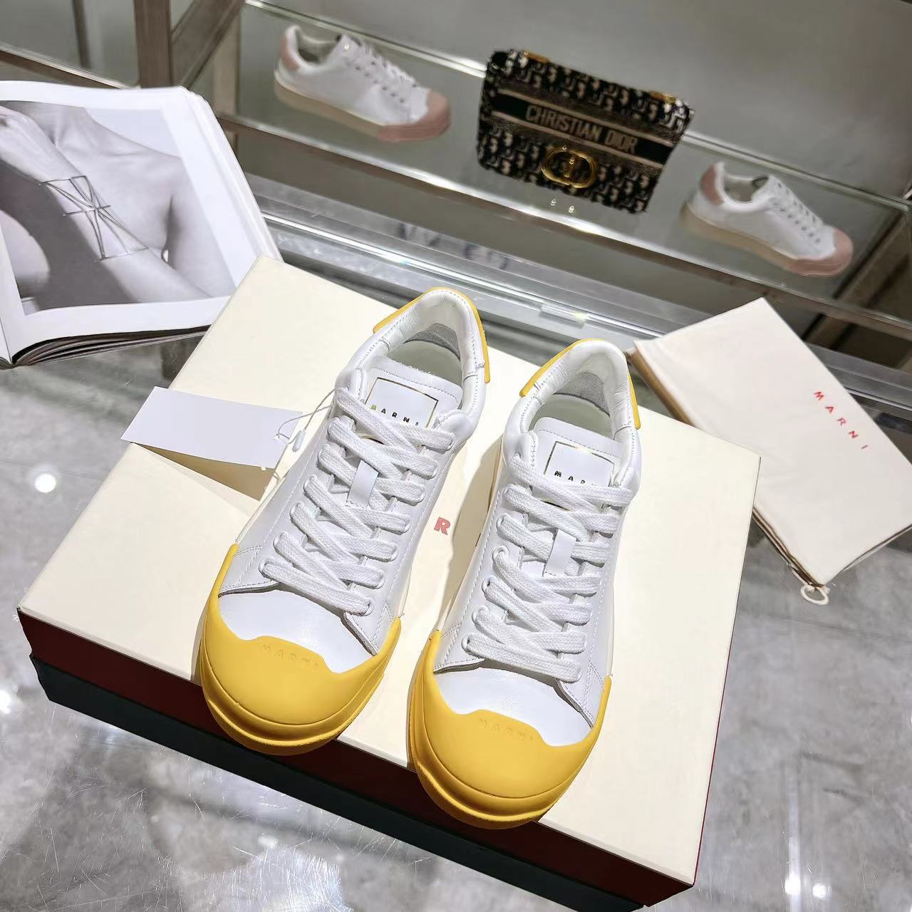 Marni Dada Bumper Sneaker In White And Yellow Leather - FashionPlug
