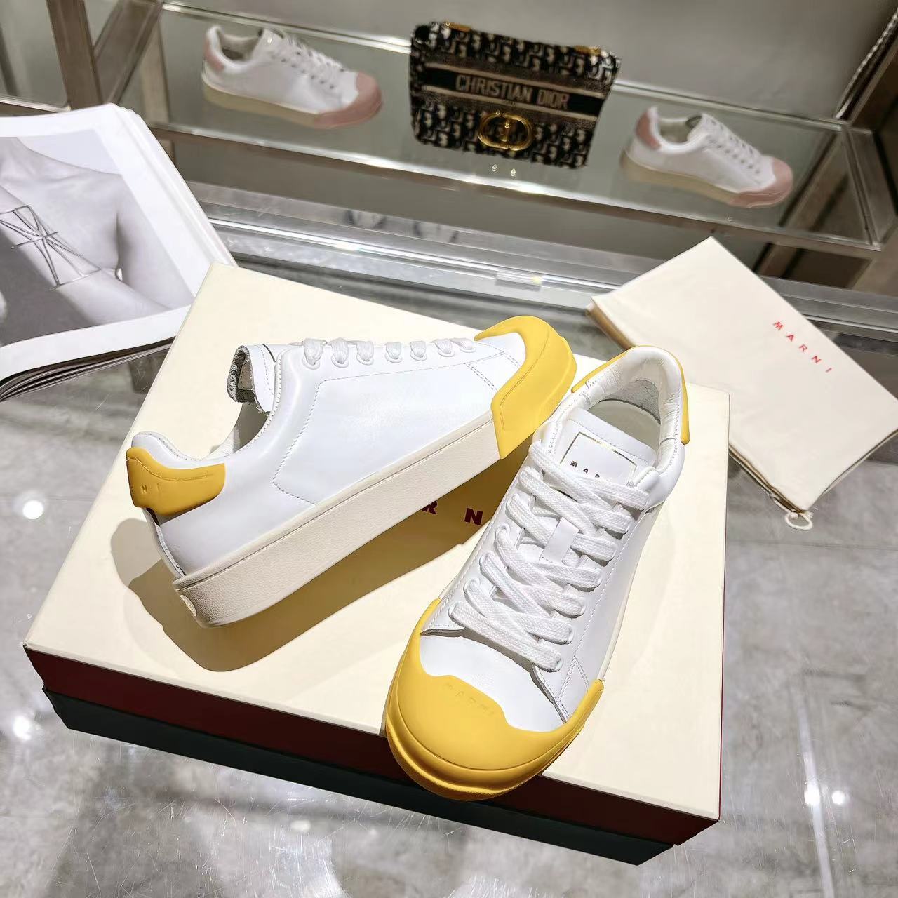 Marni Dada Bumper Sneaker In White And Yellow Leather - FashionPlug